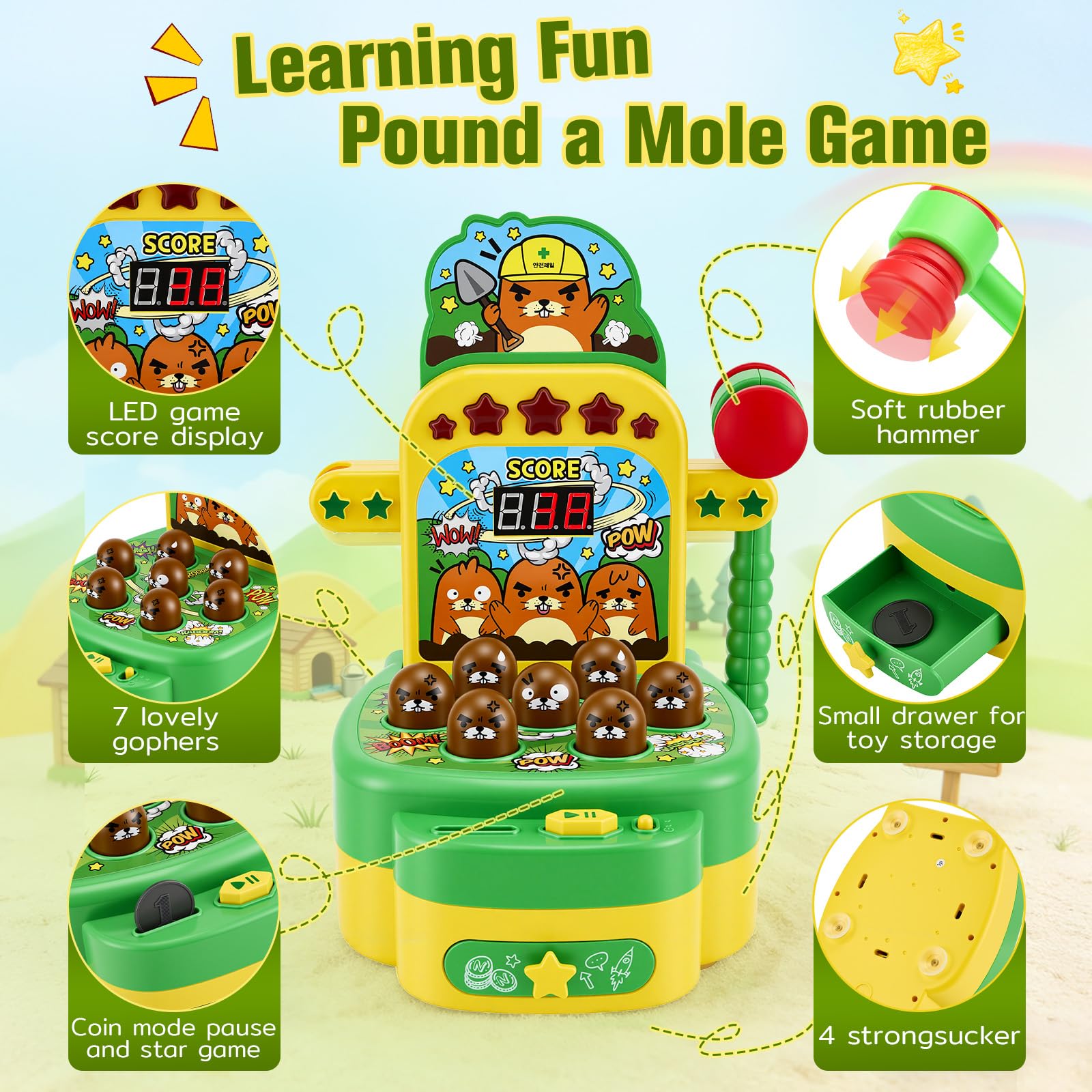 Gioco Colpisci la talpa per bambini Giocattolo musicale interattivo con 2 martelli per promuovere le capacità motorie Giocattolo educativo con luci ed effetti sonori, gioco arcade display LCD, verde