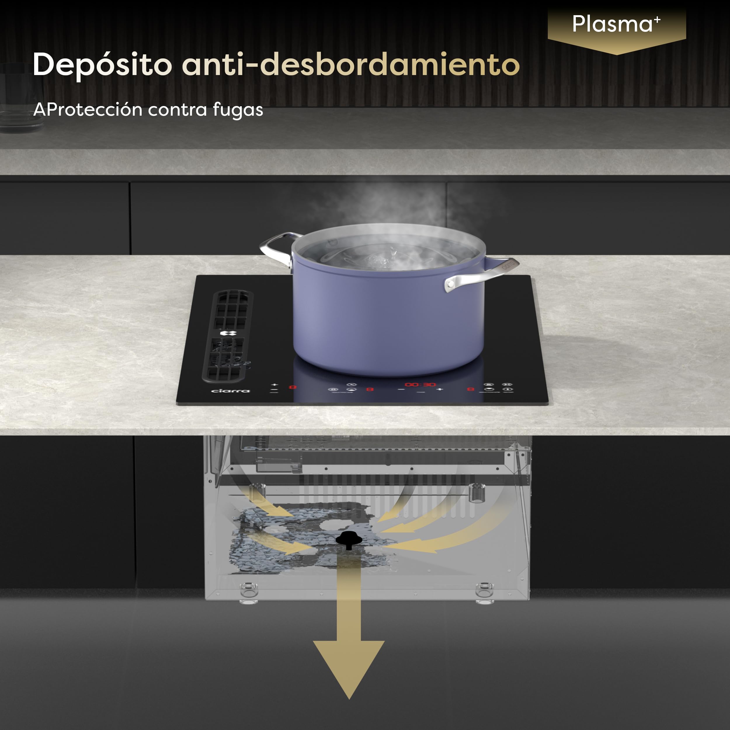 CIARRA CBBEH392B Placa Inducción con Extractor Integrado 39cm | Placa de inducción 2 placas| 3200W | Booster | Filtración por Plasma Avanzada, Booster, Función Pausa, Bloqueo Infantil