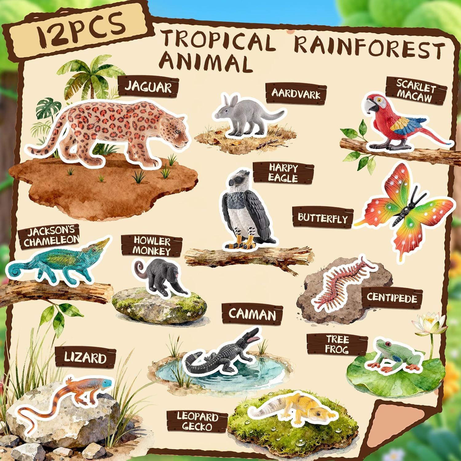 12 PCS Tropical Rainforest Animal Figurines, Realistic Jungle Animal Figures for Kids, School Educational Animal Toys Set, Cupcake Topper, Jungle Party Favors, Classroom Props Birthday Gifts
