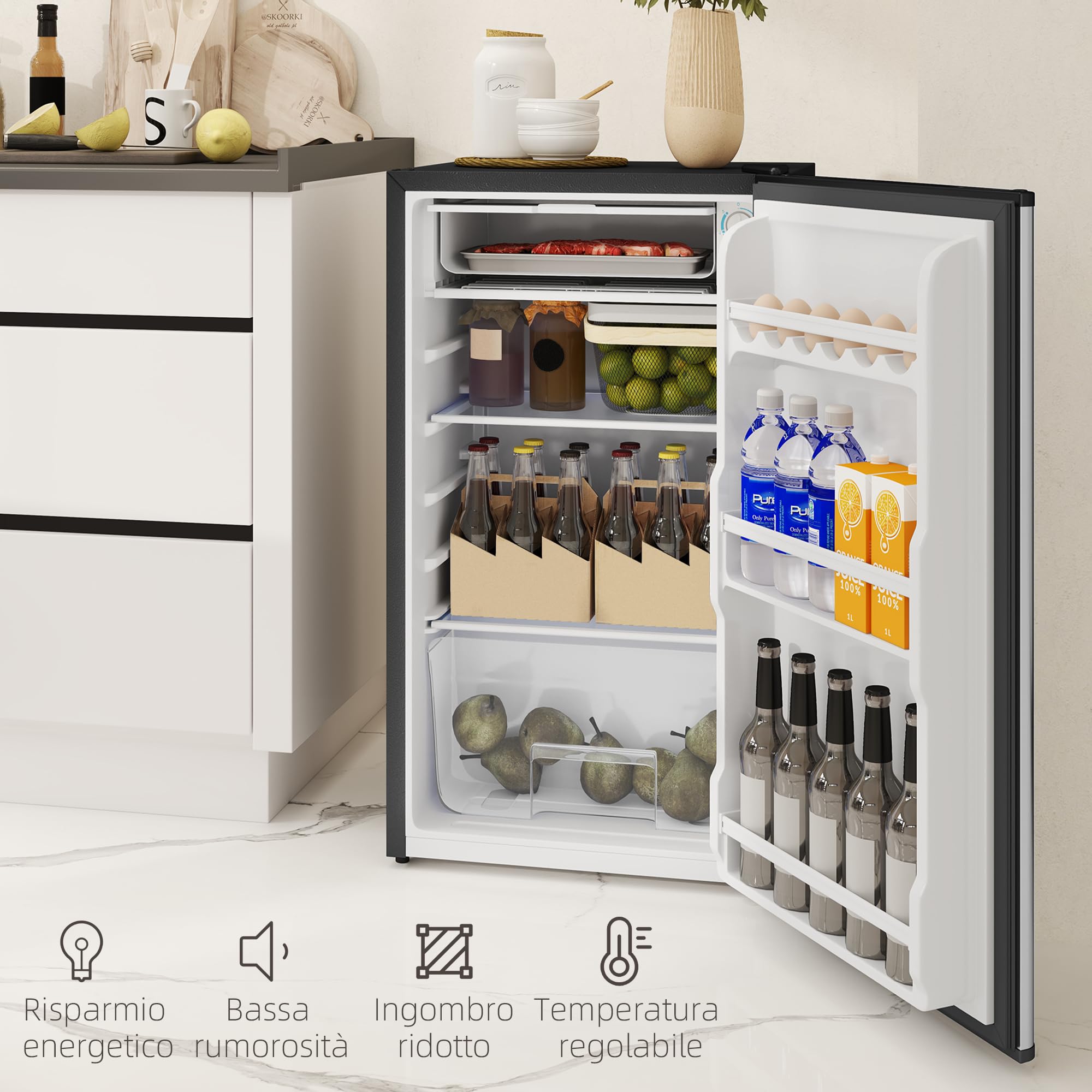 HOMCOM Frigorifero Piccolo 91L MonoPorta Reversibile con Congelatore, Mini Frigo da Camera Tavolo Silenzioso Classe E Compatto con Temperatura Regolabile 0-10 ℃, Libera Installazione, Nero