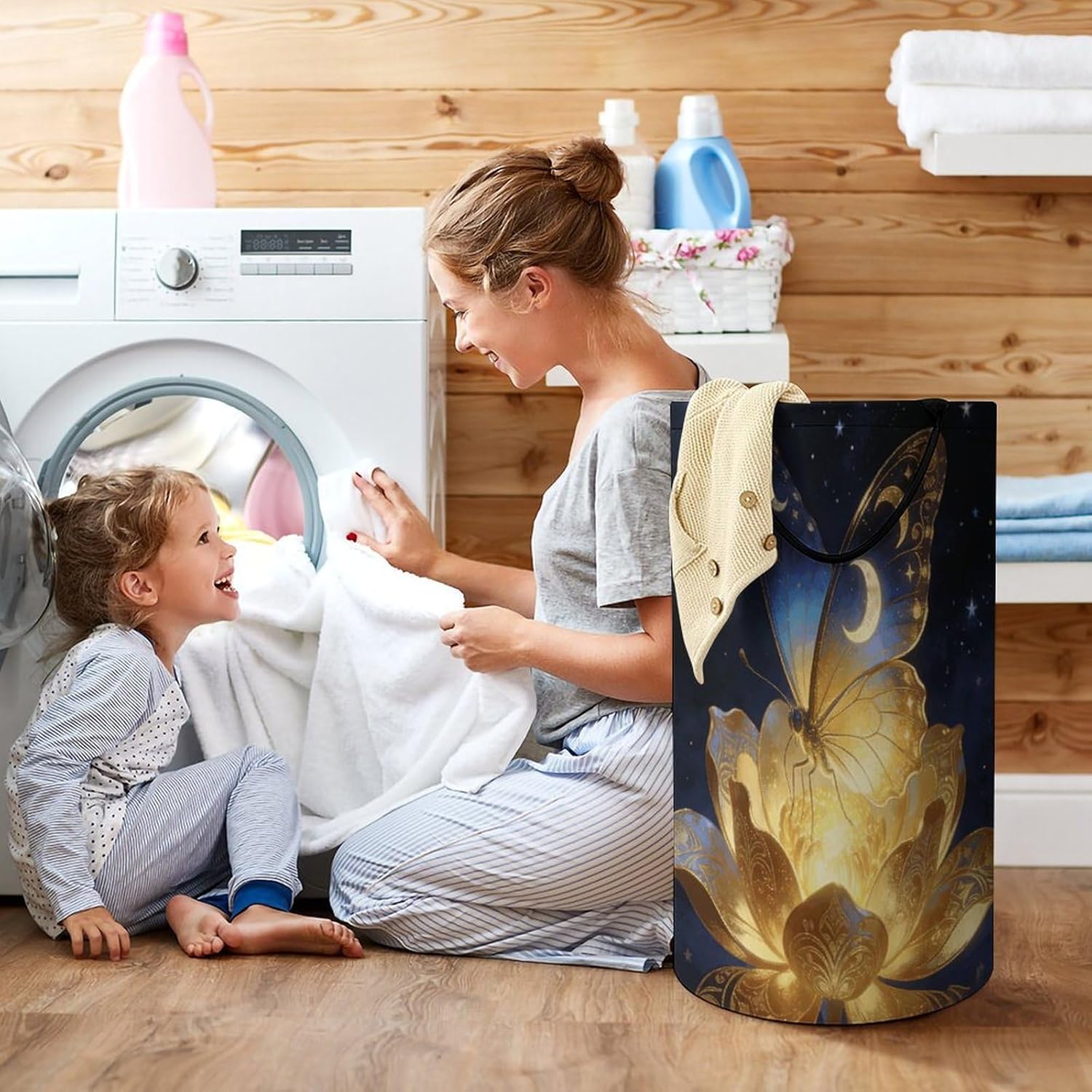 Golden Retro Fantasy Starry Moon Butterfly Laundry Hamper 86L Waterproof Collapsible Clothes Basket with Double Handles Freestanding Foldable Laundry Basket Large Clothes Hamper for Bathroom
