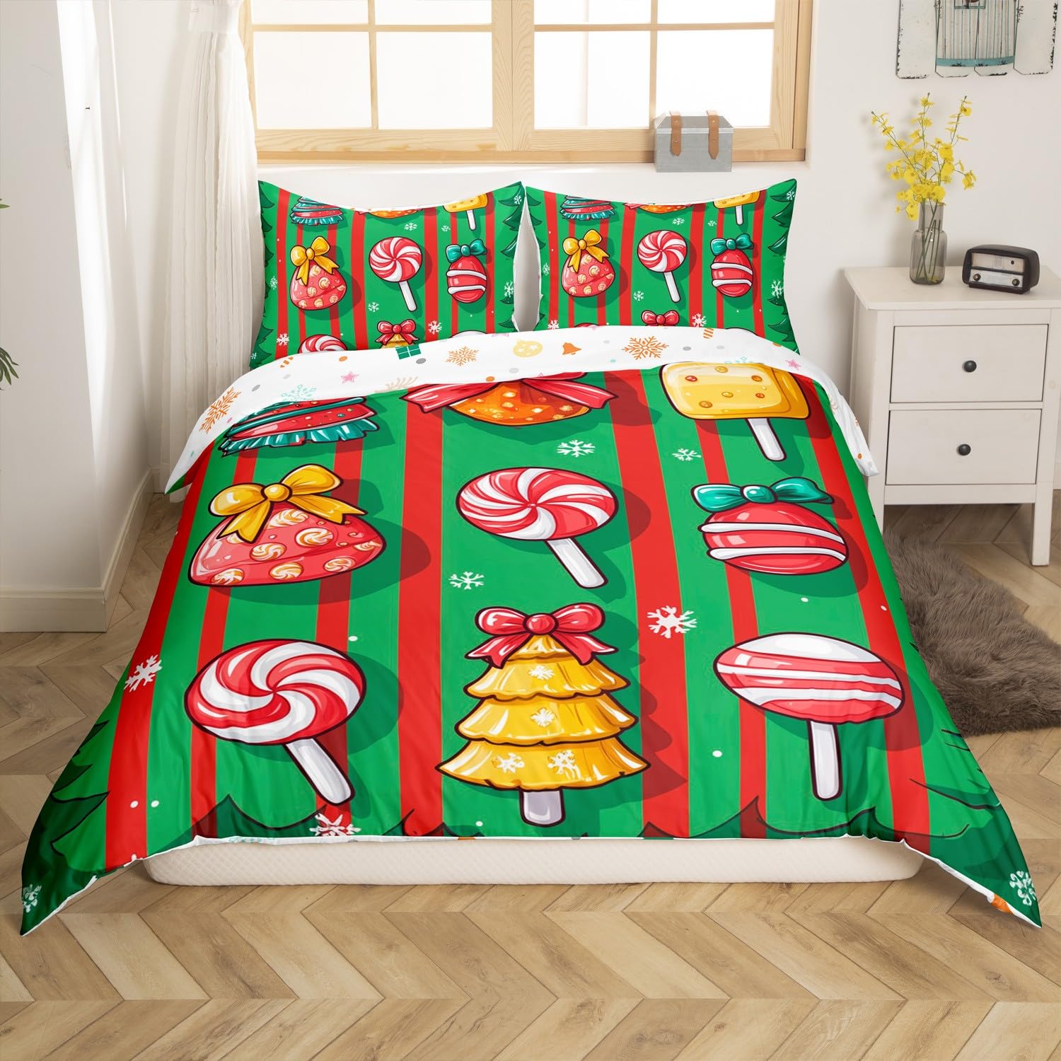 Homemissing Merry Christmas Duvet Cover Christmas Tree Candy Bedding Set Super King Size for Boys Xmas Bedroom Bed Decor Christmas Xmas Decor Comforter Cover Soft Stripe Bedspread Cover for All Season