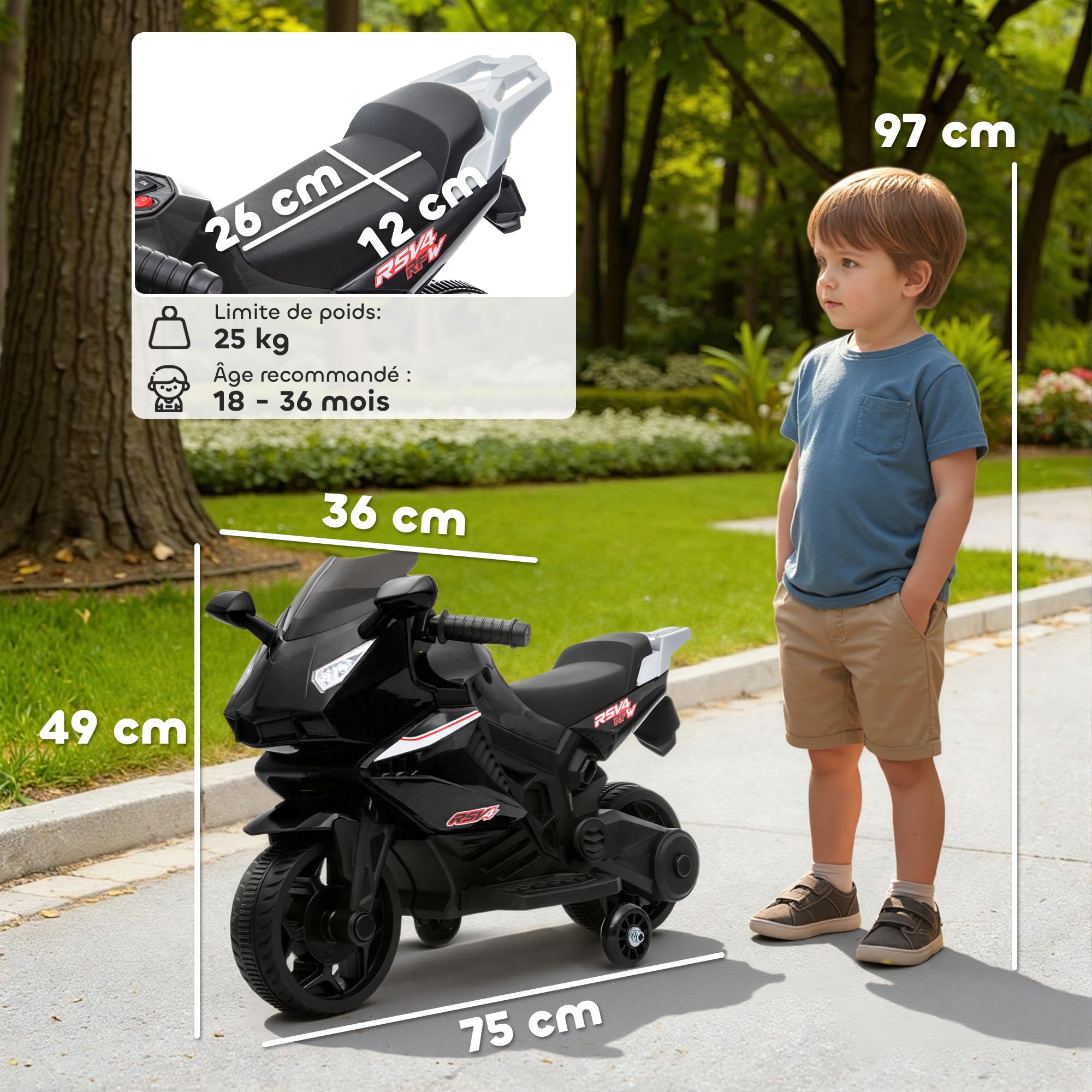 AIYAPLAY Moto électrique Enfants, Moto à Batterie 6 V avec Effets Lumineux et sonores, Roues d'entraînement, Vitesse 2,5 km/h, pour 18 à 36 Mois, Charge Max. 25 kg, Noir