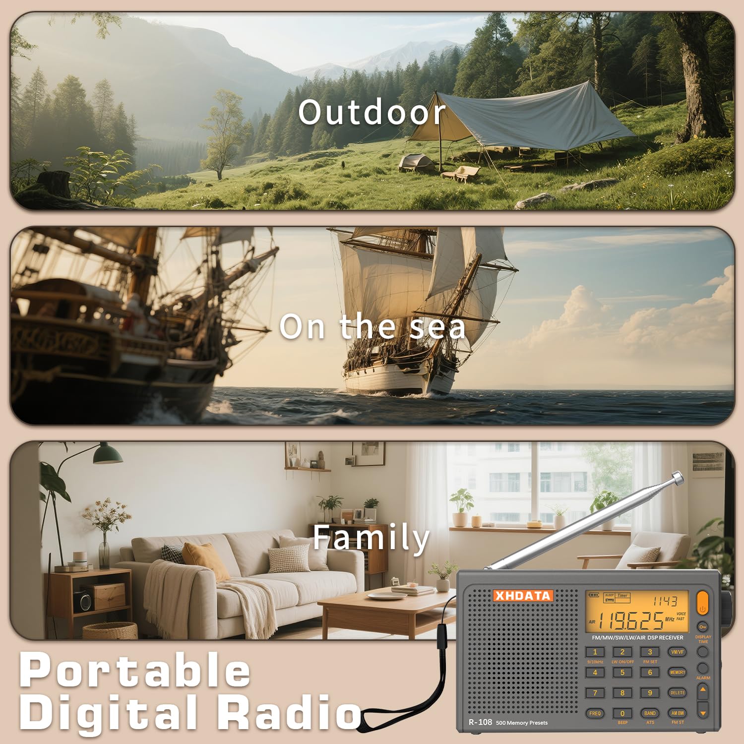 XHDATA R-108 Radio Portatil Pequeña FM Am SW KW MW Banda De Aviación Radio Multibanda con Altavoz Excelente VisualizacióN del Tiempo De RecepcióN RetroiluminacióN De La Radio Digital Gris