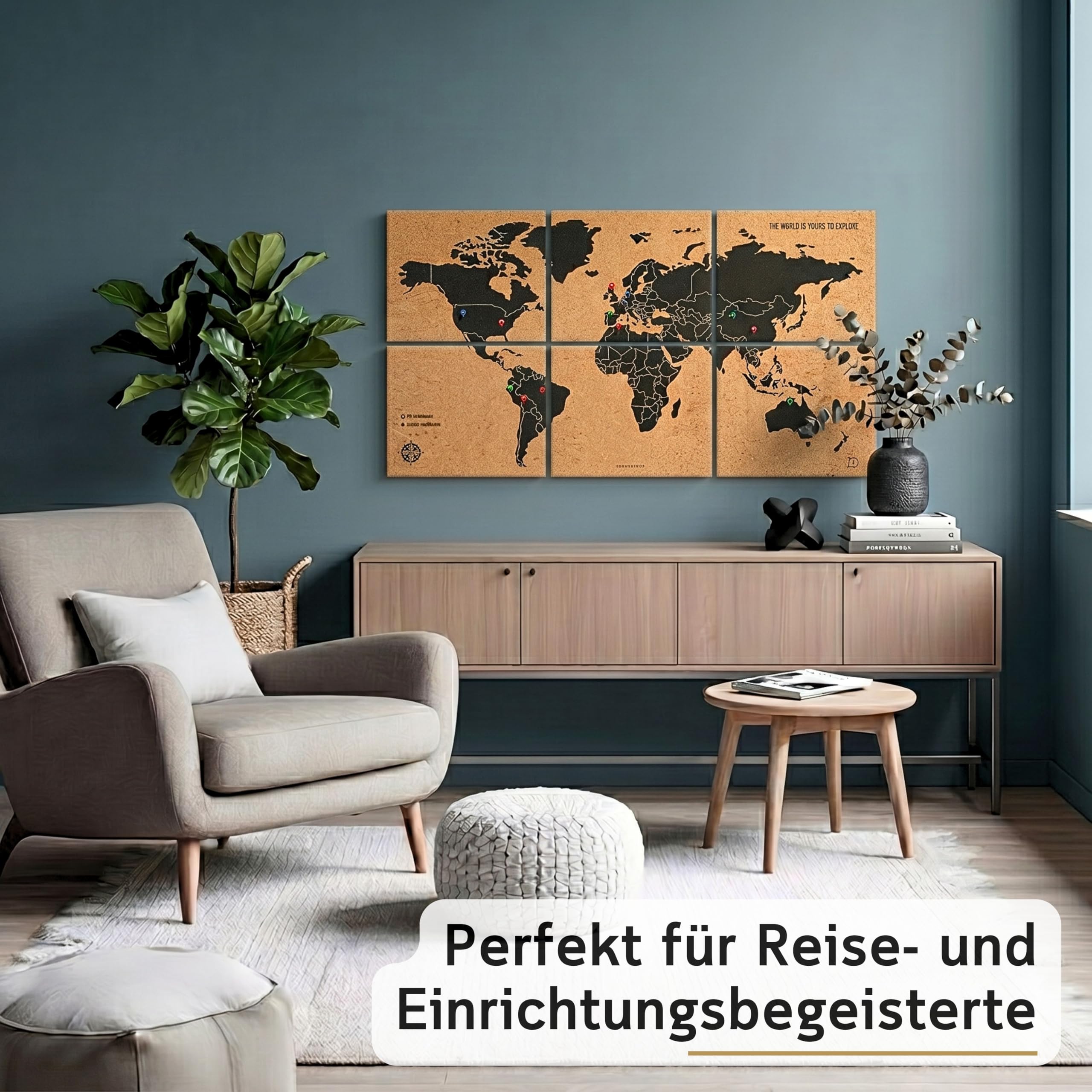 Weltkarte Pinnwand Kork XXL 120x60 cm – 6 Selbstklebende Paneele – Weltkarte zum Pinnen mit Pins – Korkplatte Wanddeko – 60 Pinnadeln Inklusive
