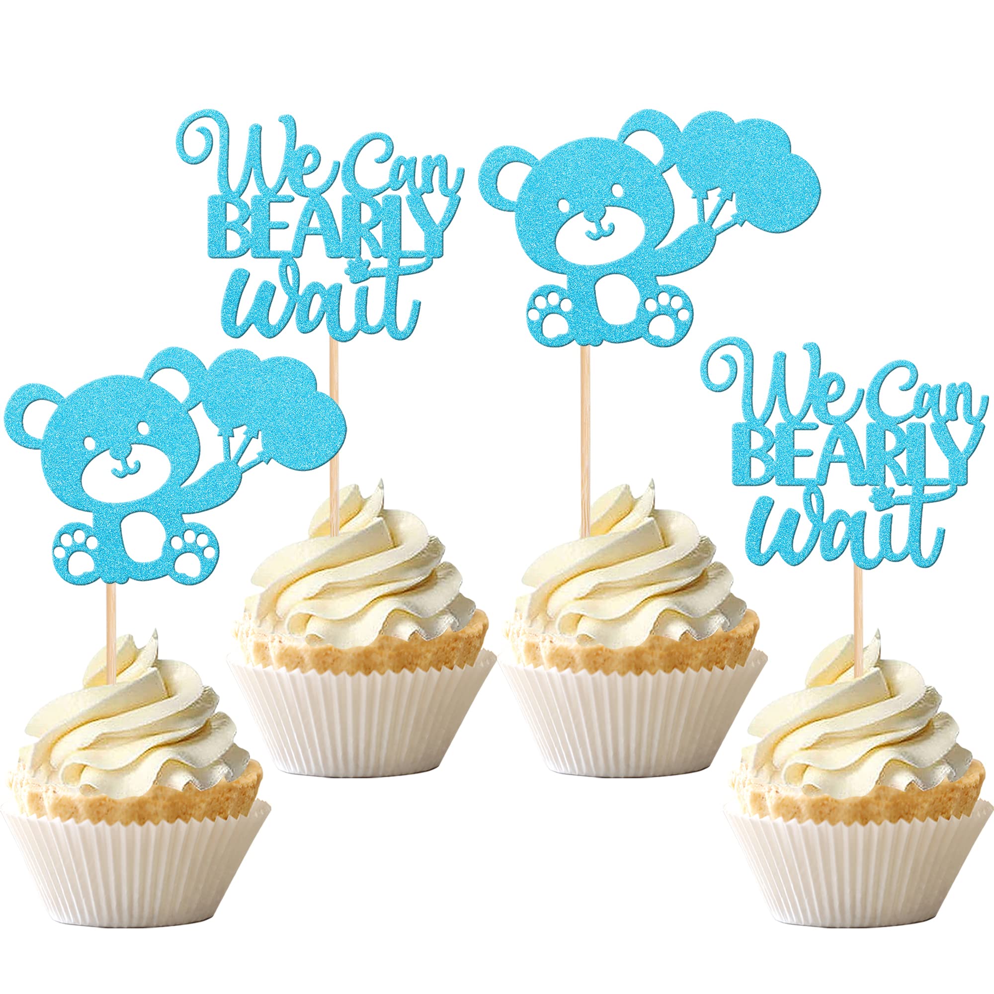 24 PCS We Can Bearly Wait Cupcake Toppers Glitter Balloon Bear Cupcake Picks for Gender Reveal Baby Bear Theme Baby Shower Kids Birthday Party Cake