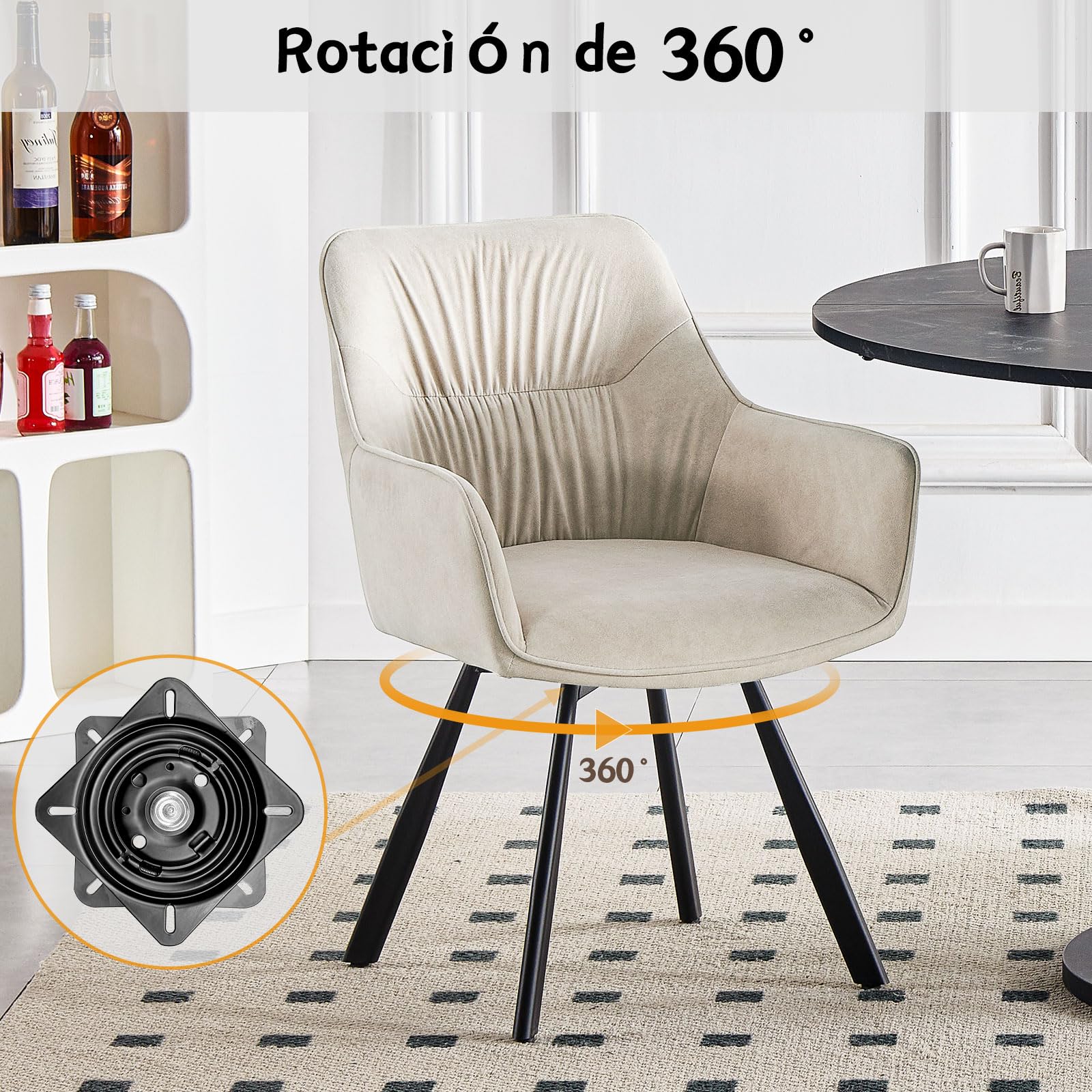 LEWE Sillas Comedor Pack 4 Giratoria 360°, Reposabrazos y Respaldo, Caqui | Asiento 7 cm, Tejido de Pelo Corto, Patas de Metal, Capacidad de carga 150 kg, Montaje fácil, para Comedor, Salón, Cocina