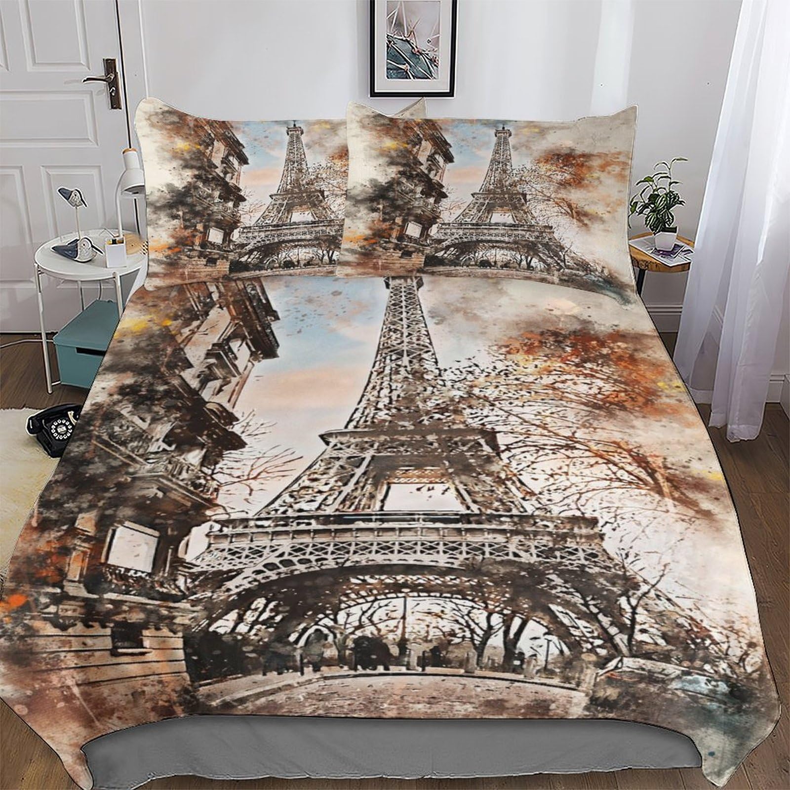 Paris Tower Duvet Cover, Soft & Cosy Polycotton Quilt Cover Bedding Sets 2 Pieces With Pillowcase Easy Care Anti Allergic Comforter Cover for Kids, Youth And Adult Single (135x200cm)