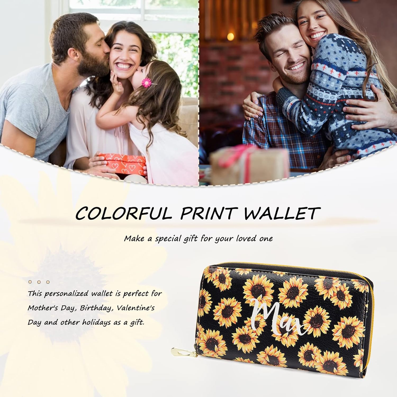 Custom Photo Wallet for Women Personalized Engraved Name PU Leather Zip Wallet for Mom Wife Grandmother Mother's Day (Style 12)