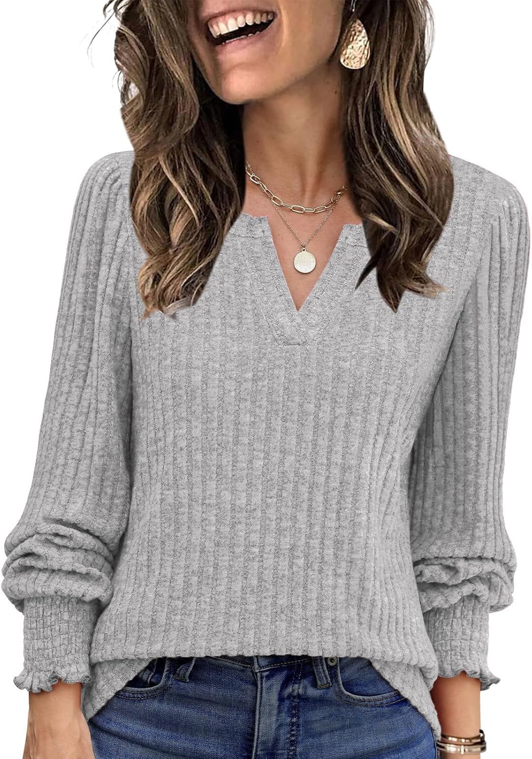 Lylinan Womens Sweaters V Neck Long Sleeve Pullover Tops Fall Fashion Casual Clothes S-XXL