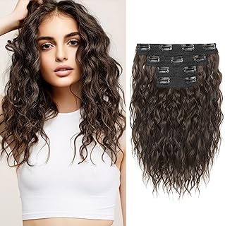 REECHO Hair Extensions, 4PCS Clip in Hair Extensions 12" Short Curly Wavy Brown Invisible Lace Weft Natural Soft Hairpieces for Women