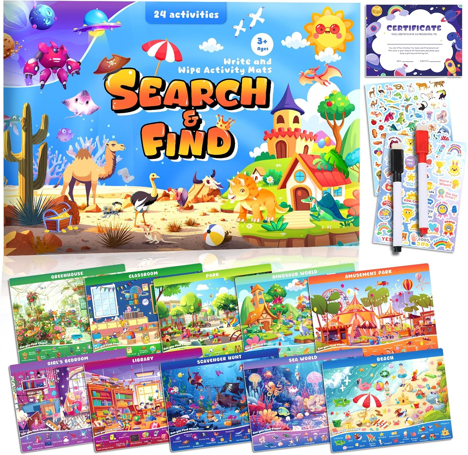 Search and Find Books for Kids Ages 3-5; Road Trip Activities for Ages 4-8, 24 Themes Activity Book with 2 Dry Erase Markers