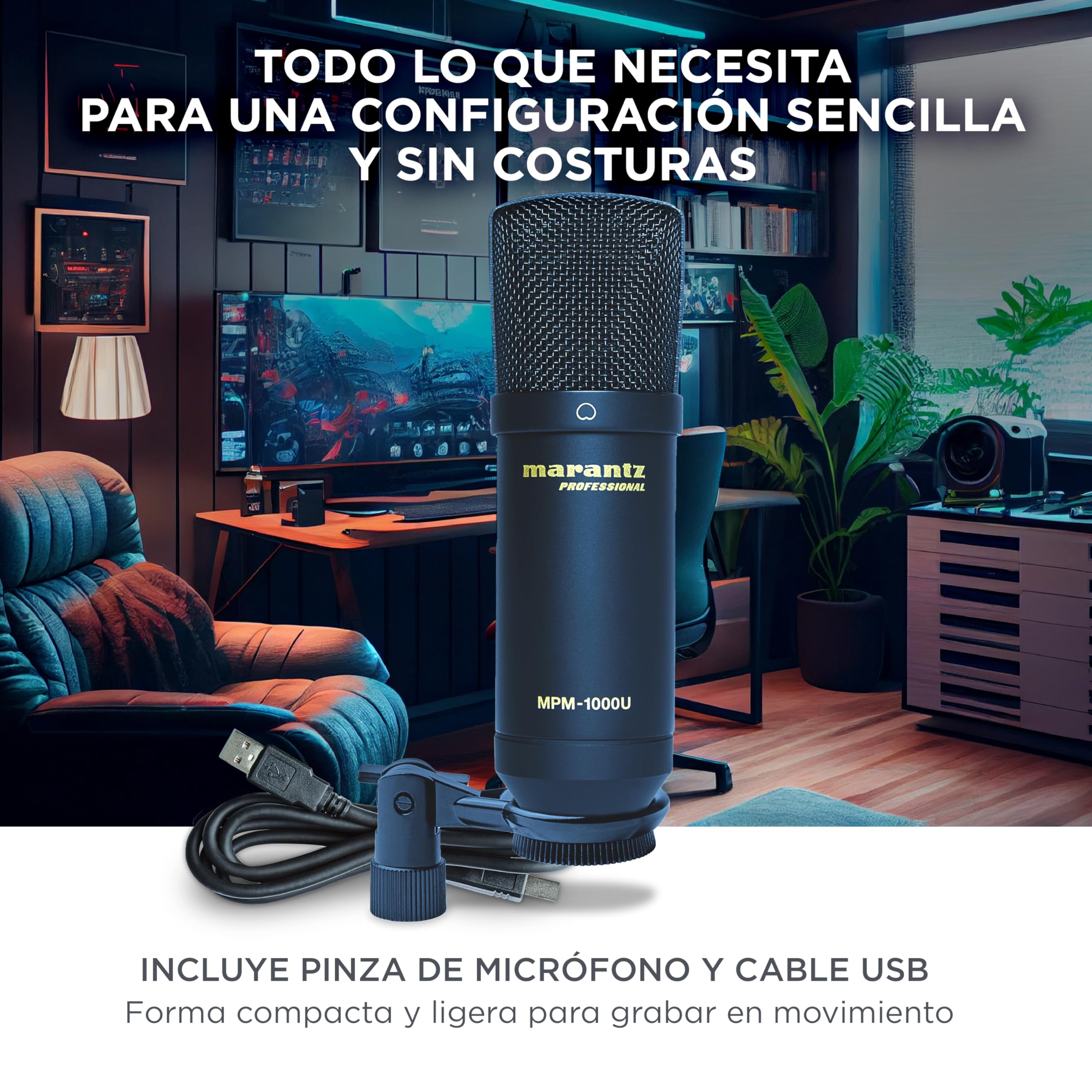 Marantz Professional MPM1000U Micrófono de Condensador USB para Gaming, Streaming y Podcasting - Interfaz de Audio Integrada, Soporte de Escritorio, Plug-and-Play, Negro