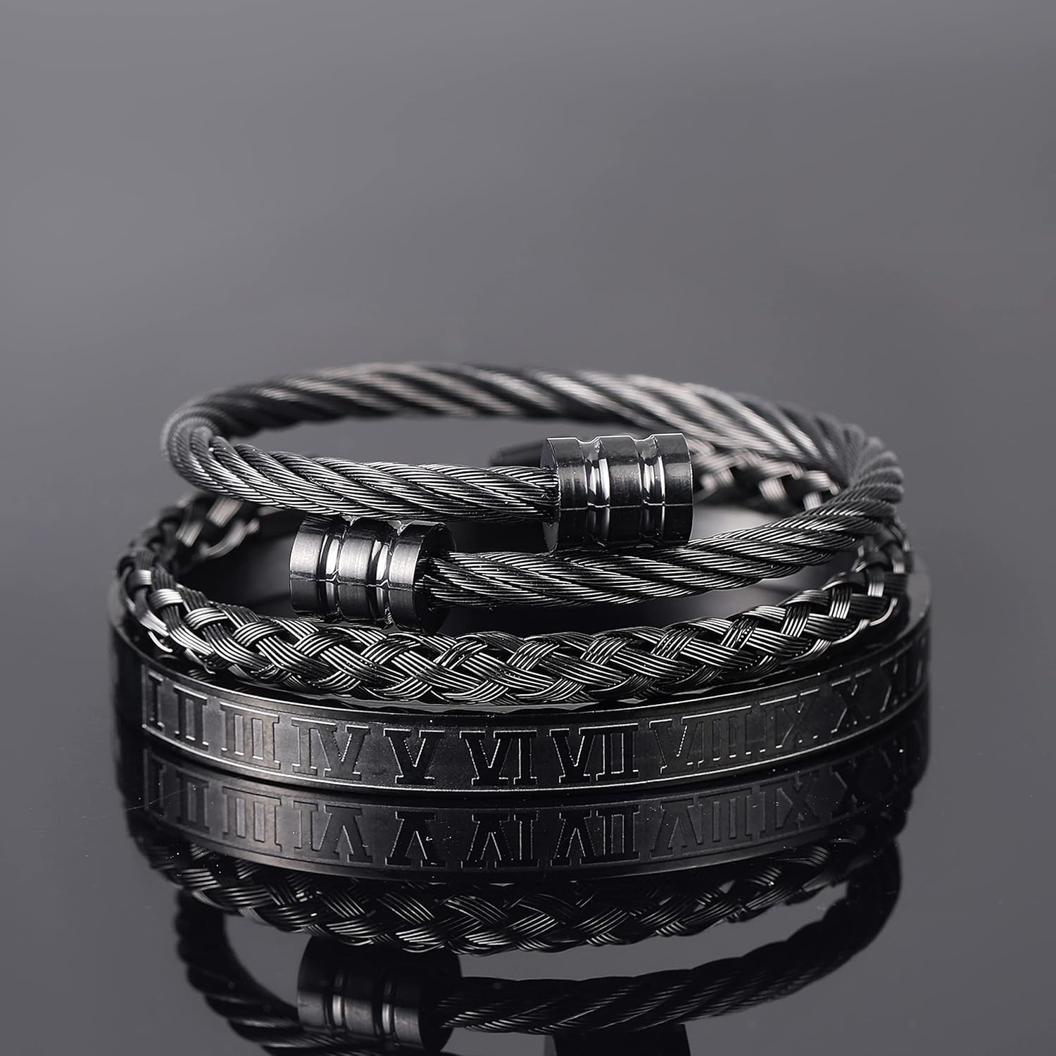 WFYOU 3PCS Stainless Steel Bracelets for Men Gold Roman Numeral Bangle Bracelet Twisted Cable Bracelet Adjustable Cuff Bracelet Mens Luxury Jewelry Bracelets Gifts - Image 9