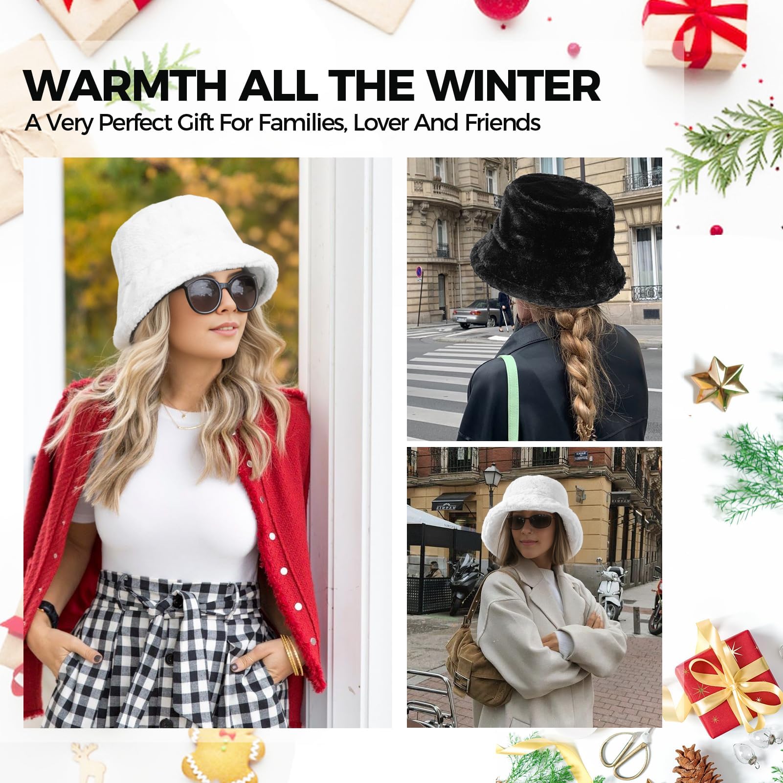 BFONS Faux Fur Winter Bucket Hat for Women Men Fuzzy Warm Hat Women's Furry Fisherman Cap for Casual, Trips, Sports, Skiing