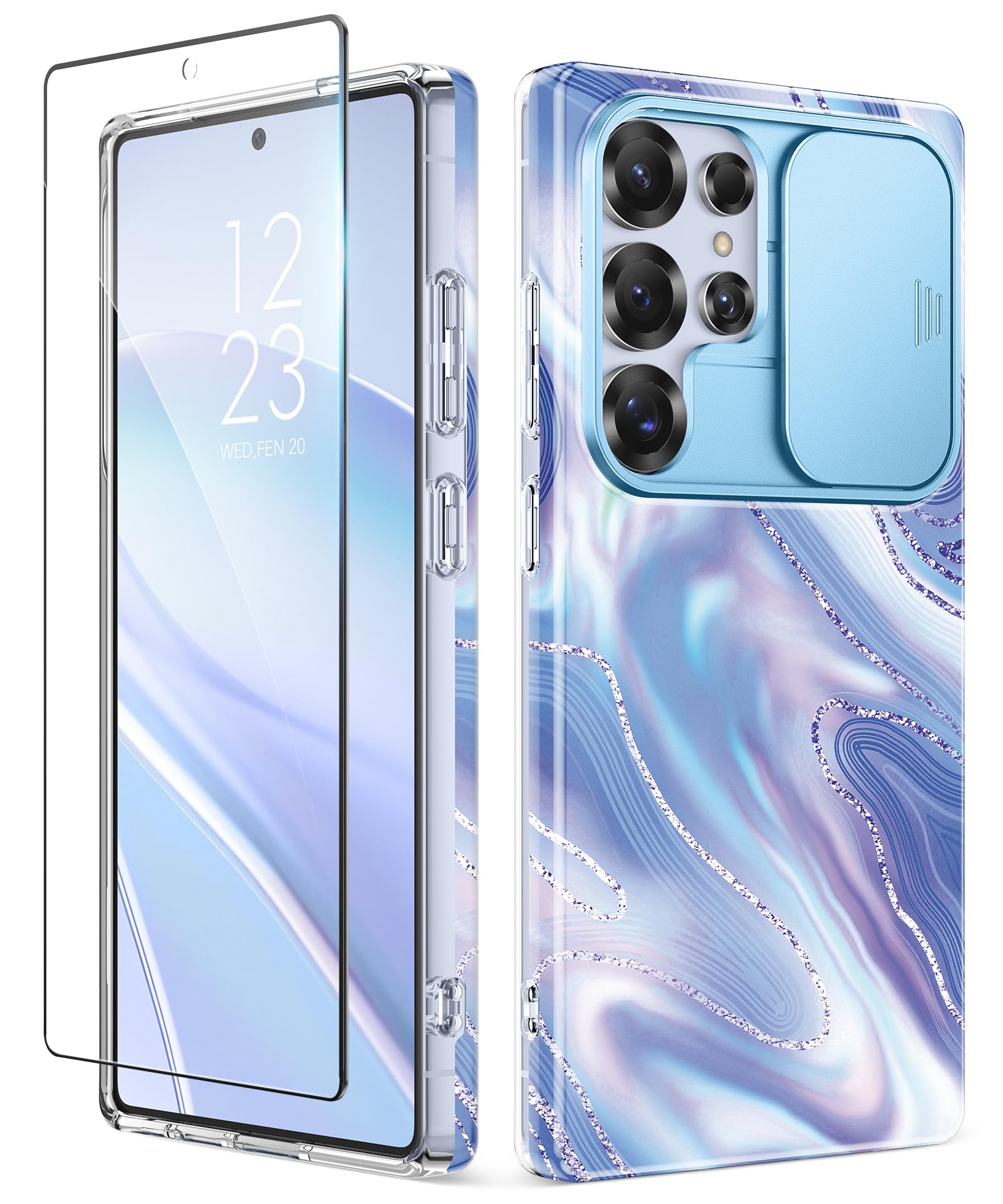 GVIEWIN for Samsung Galaxy S25 Ultra Case with Slide Camera Cover, [Screen Protector] [Shockproof Military Grade Drop Protection] Marble Slim Fit Hard PC Phone Cover S25 Ultra 6.9" 2025 (Aurora)