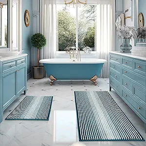 BSICPRO Bathroom Rugs and Mats Sets, 2 Piece Thick Absorbent Chenille Bath Mat Rug Set Non Slip, Soft Shaggy Bath Room Floor Mats for Bathroom, Machine Washable (Teal, 20" x 47" Plus 20" x 32")