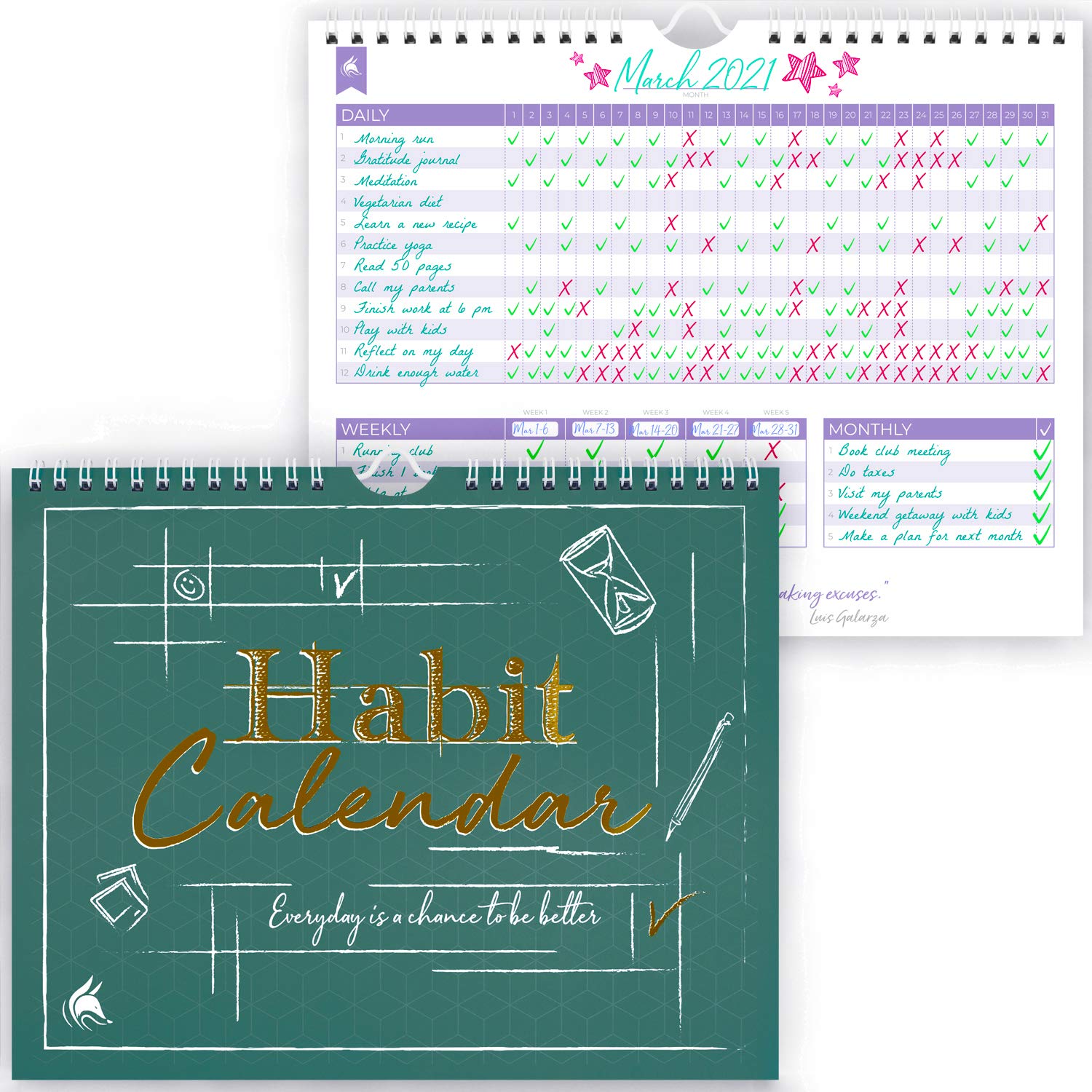 Habit Tracker Calendar – Inspirational Goal Tracker and Habit Calendar for Atomic Habits – Colorful Habit & Goal Planner Journal to Boost Productivity – 24 Months, 10″ x 8″ (Obsidian Green)