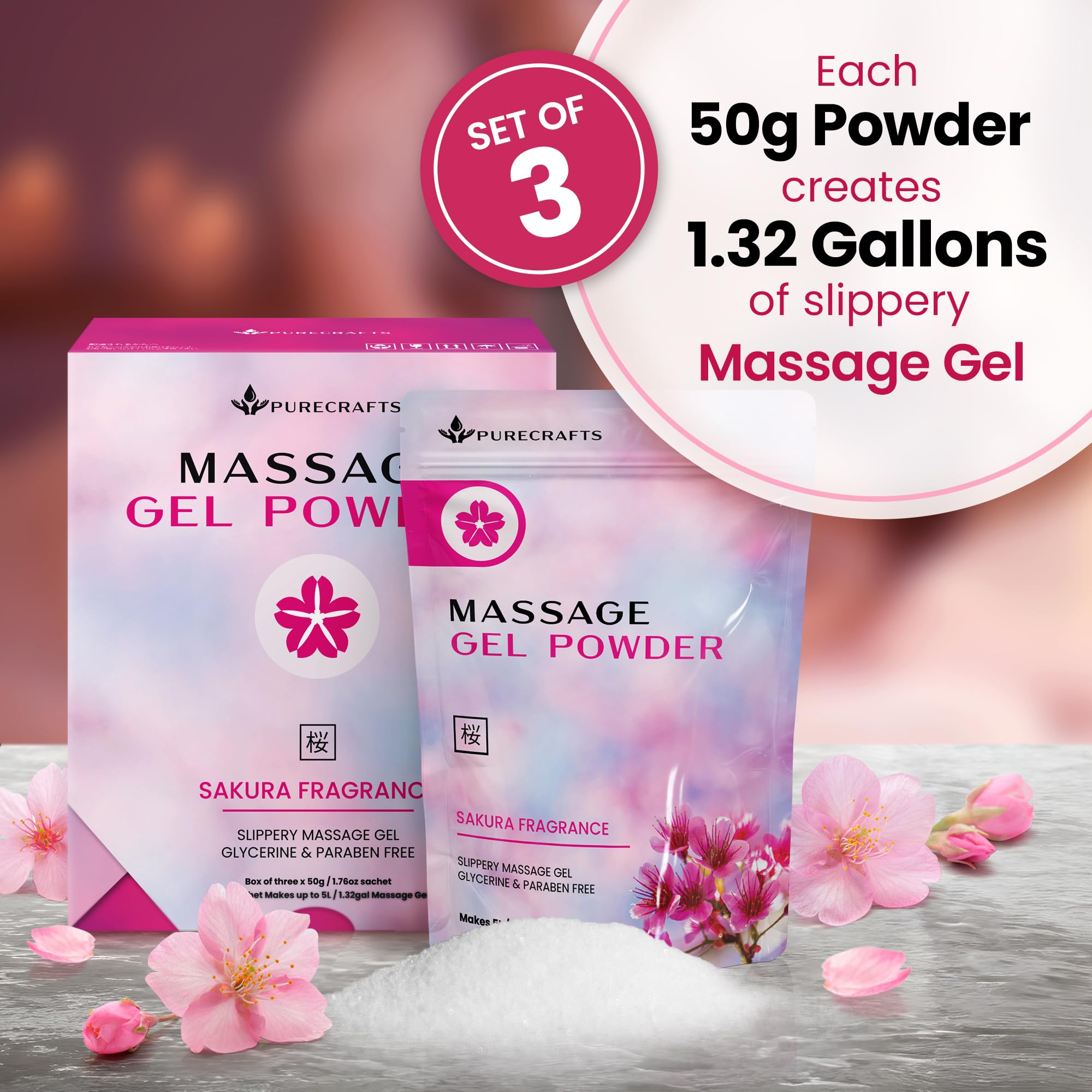 Gel da Massaggio in Polvere 50g (Confezione da 3) | Fragranza alla Sakura | Prodotto in Giappone | Gel Liscio e Scorrevole per Benessere e Relax | 50g Producono 5 Litri | Basta Aggiungere Acqua