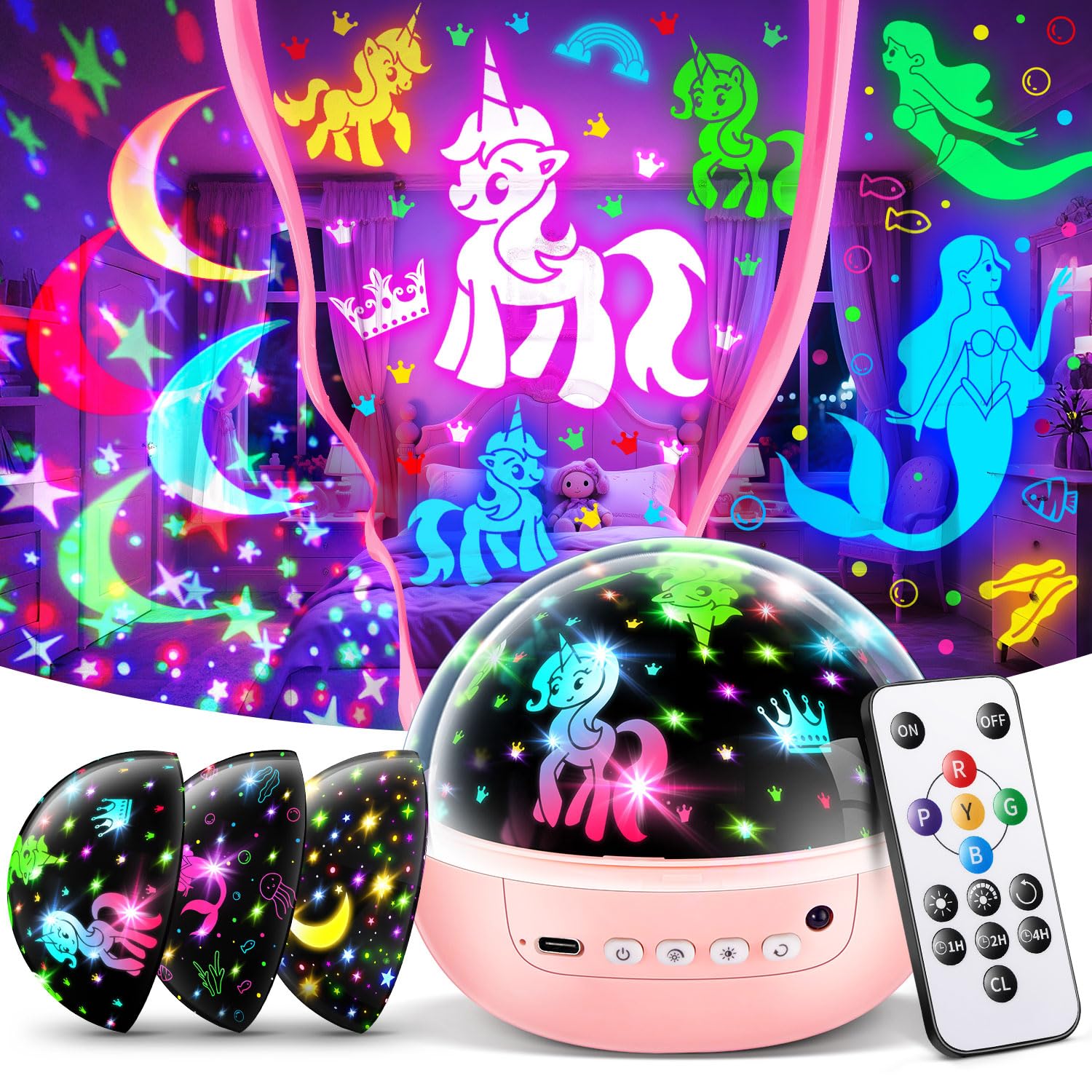 Einhorn Spielzeug ab 3-12 Jahre Mädchen, 【3 Filme+93 Effekte+Dimmbar】 Einhorn Geschenke für Mädchen Geschenke, 【Remote+3 Timer+Rotation】 Sternenhimmel Projektor Kinder, Meerjungfrau Spielzeug