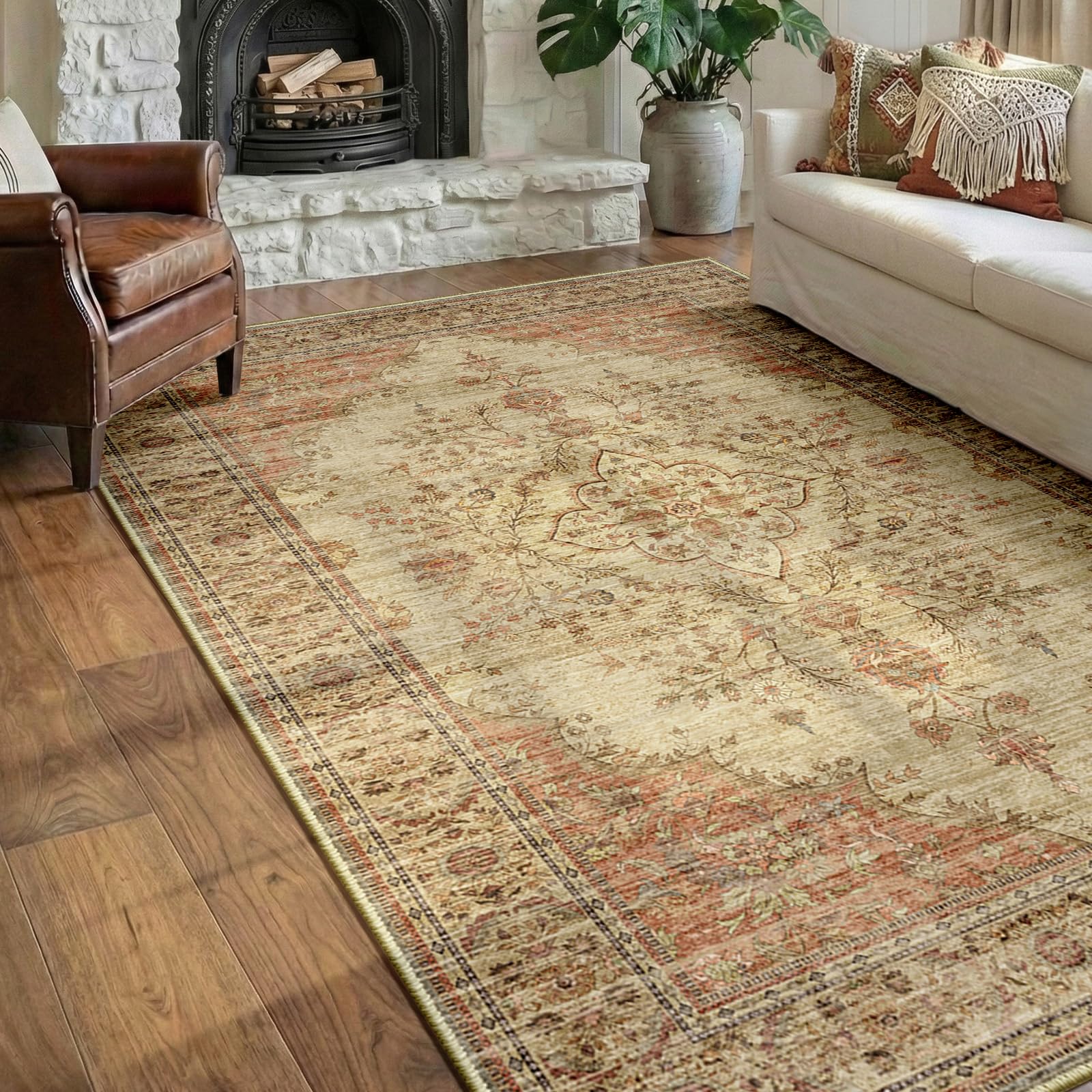 DEFYNEE Machine Washable Rug 150x210 cm, Short Pile & Anti-Slip, Retro Boho Area Rug for Living Room, Bedroom, Dining Room, Hallway, Brown-Orange — image 1