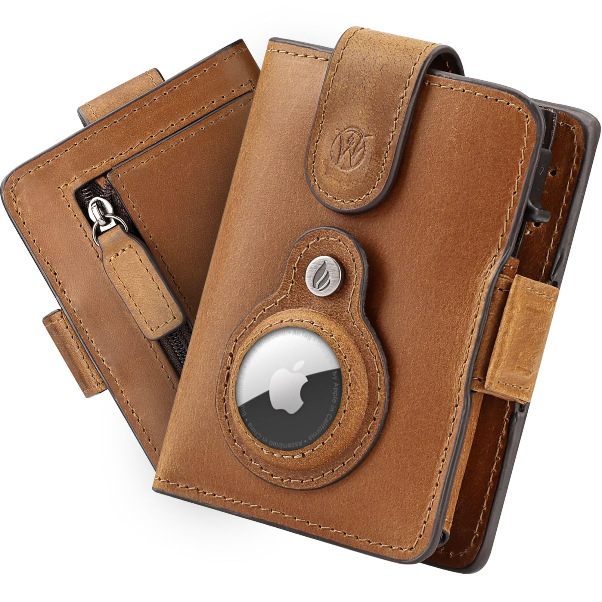 Will Fire® Smart Wallet Herren mit Airtag-Fach & Photokapsel | Inkl. Anhänger | Echtleder Airtag (1. & 2. Gen) Wallet mit Münzfach & Scheinfach | RFID Schutz | Bis zu 12 Karten | [Cognac]