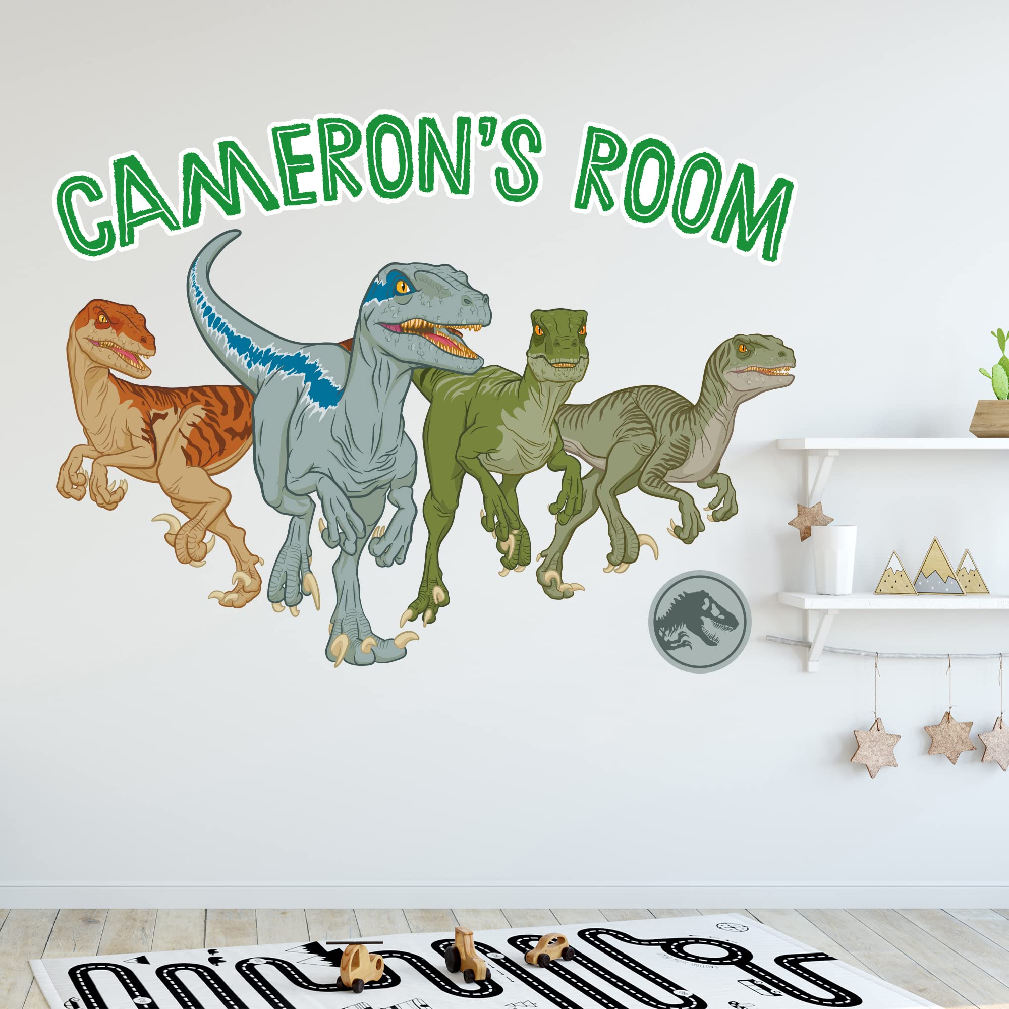 Themed Green Jurassic World Camp Cretaceous Wall Sticker - Raptor Group Personalised Name Wall Decal Art (60Cm Width X 45Cm Height)