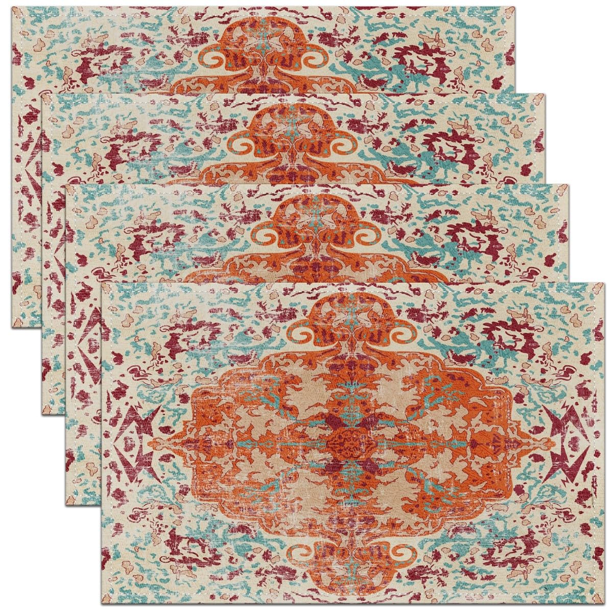 Homemissing Multicoloured 1 Boho Floral Placemats Set Of 4 45X30cm Boho Mandala Placemat Kitchen Dining Table Decor Indoor Outdoor Vintage Bohemian Medallion Table Place Mats Retro Orange Green