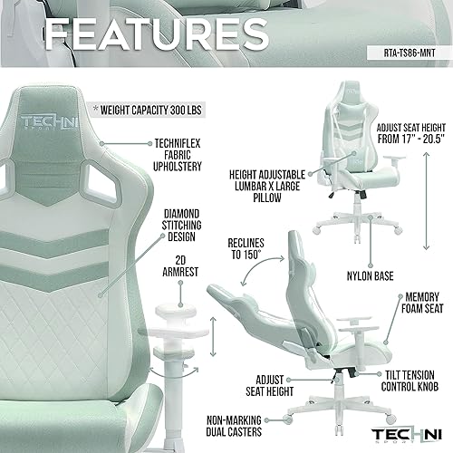 Miniatura 5 de Techni - Silla deportiva para videojuegos, estilo de carreras, color verde menta, blanco, silla ergonómica para computadora de oficina con espuma