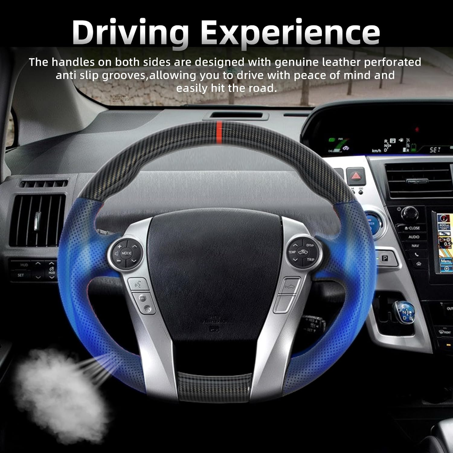 Hydro-Dip Carbon Fiber Steering Wheel for Toyota Prius 2010-2016 D-shaped Nappa Perforated Leather Flat-bottom Steering Wheel (Red Positioning Line)