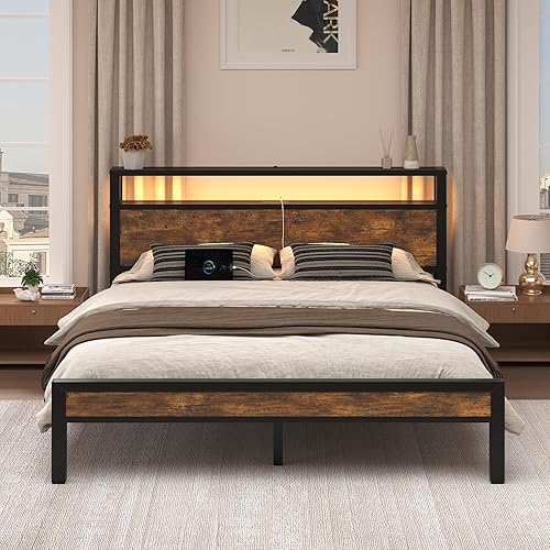 Full Size Bed Frame with Charging Station and LED Lights, Metal Platform Bed with 2-Tier Storage Headboard, Noise Free, No Box Spring Needed, Easy