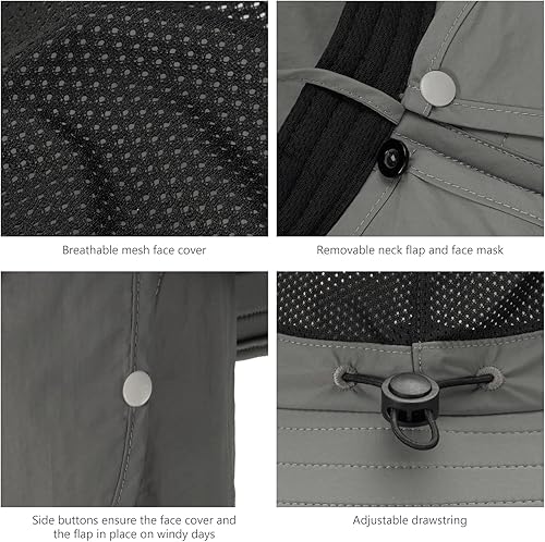 Miniatura 6 de BASSDASH Sombrero de sol transpirable UPF 50+ con cubierta facial extraíble y solapa para el cuello, sombrero de pescador de ala ancha para pesca,