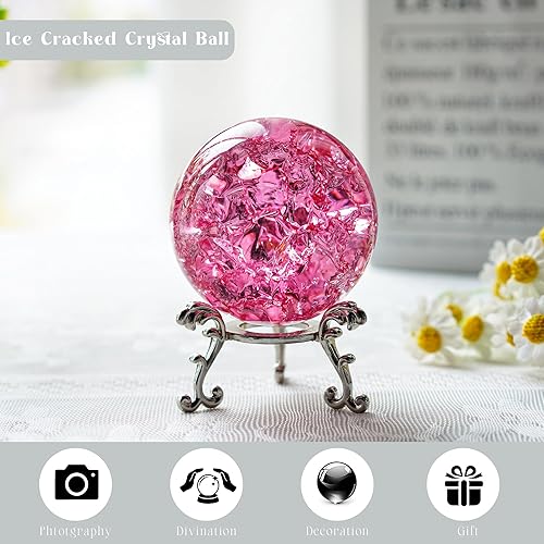Miniatura 3 de kanpura Bola agrietada de hielo de cristal rosa pisapapeles 2.362 in bola de cristal con soporte accesorios Rockery Ornamento bola de vidrio para