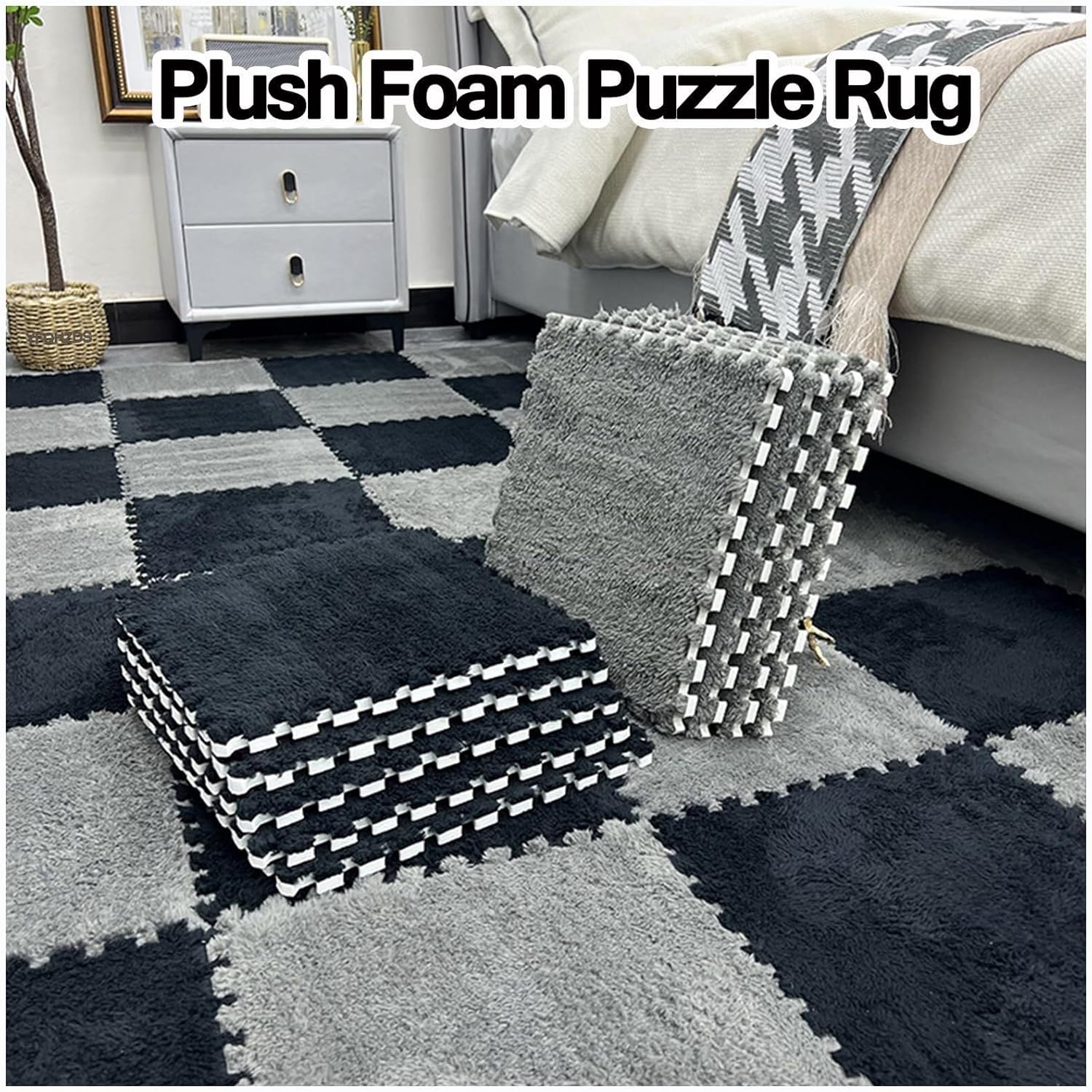 30pcs Foam Rugs for Children Kids Room, Shaggy Interlocking Foam Carpet, Anti-Slip Tiles Rug, Fluffy Puzzle Mats(Gray+Purple)