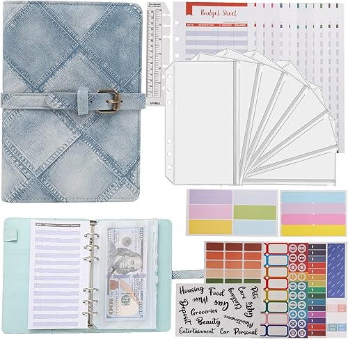 Carpeta de presupuesto estilo denim de imitación A6, planificador de dinero con cremallera, sobres para efectivo, hoja y calcomanías para