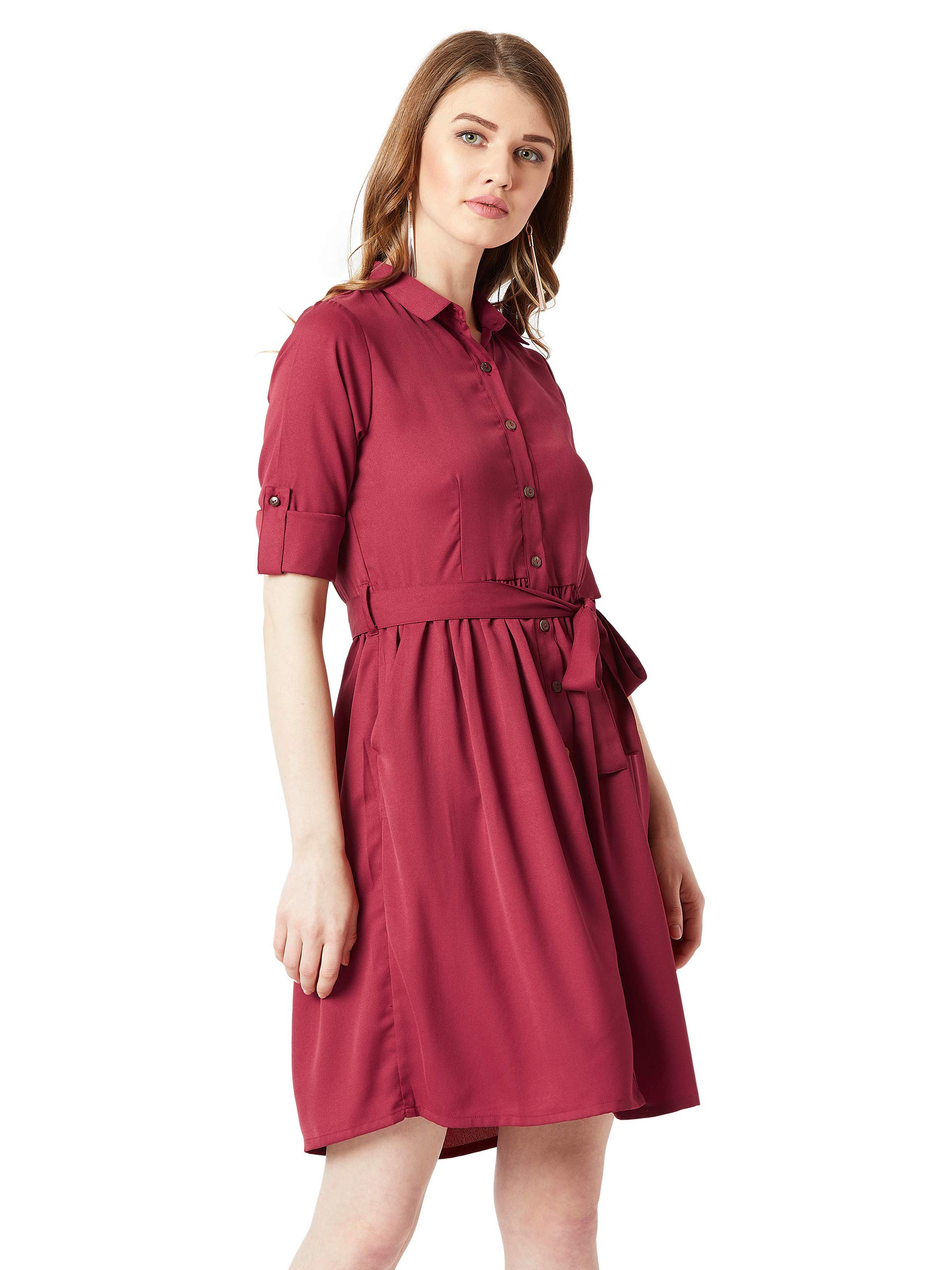 Miss Chase Women's Maroon Solid Belted Shirt Dress(Mcaw18D12-38-143-05,Maroon,Large)