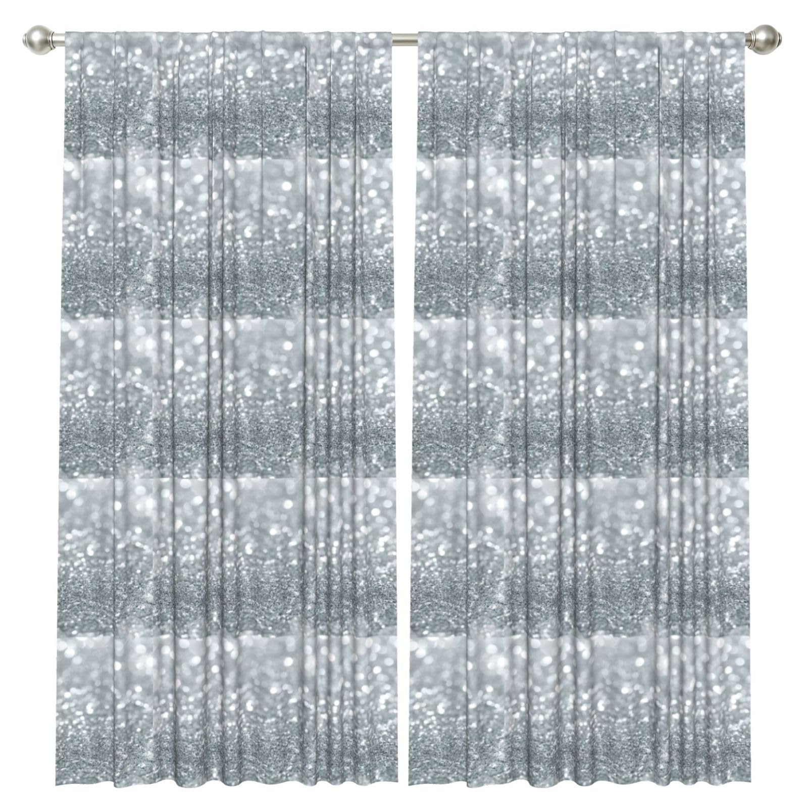InOmak White Silver Glitter Bokeh Glam Trendy Sparkle, 2 Panels Window Curtains 52 x 84 Inch Blackout Curtains for Living Room Bedroom
