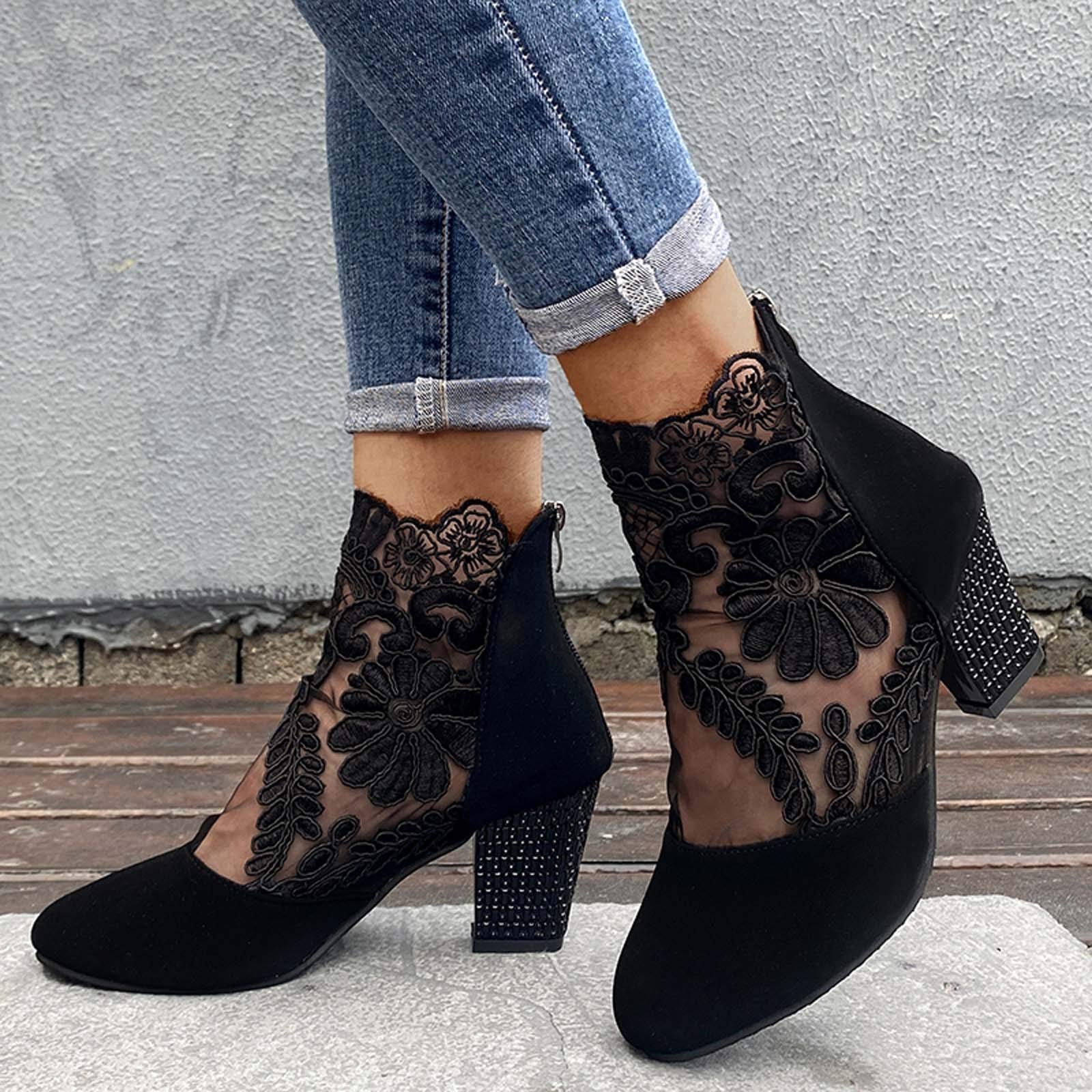 Generico Stivali da Donna in Tulle Vuoto Ricamato Stivaletti con Tacco Largo Corti Elegante Estivi in Pizzo Floreale con Giunzione con Cerniera