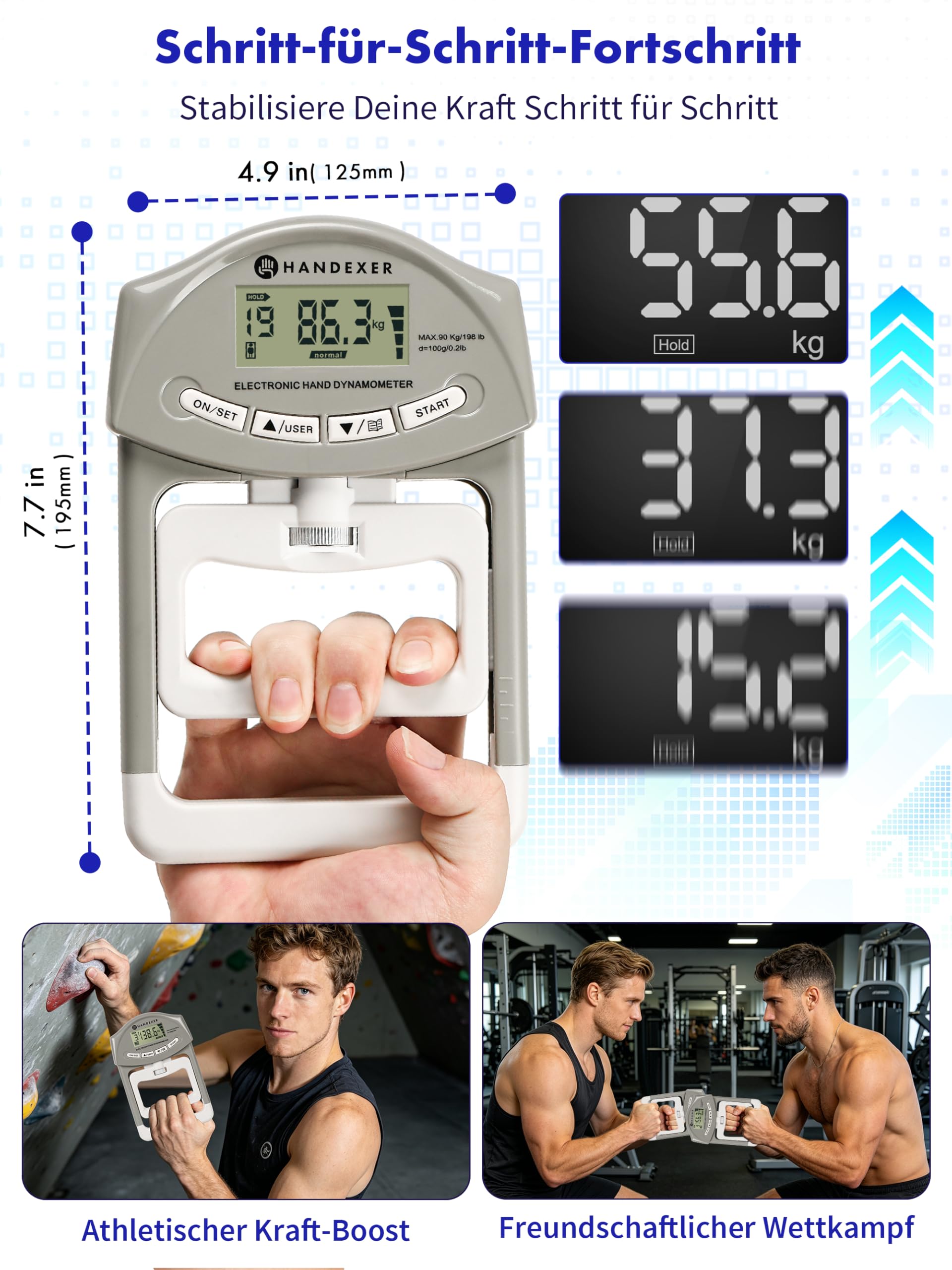Digitaler Griffkraftmesser 0-120kg – Professionelles Handdynamometer mit LCD-Display, Verstellbarem Griff & Alters-Normtabelle für Kraftmessung, Training