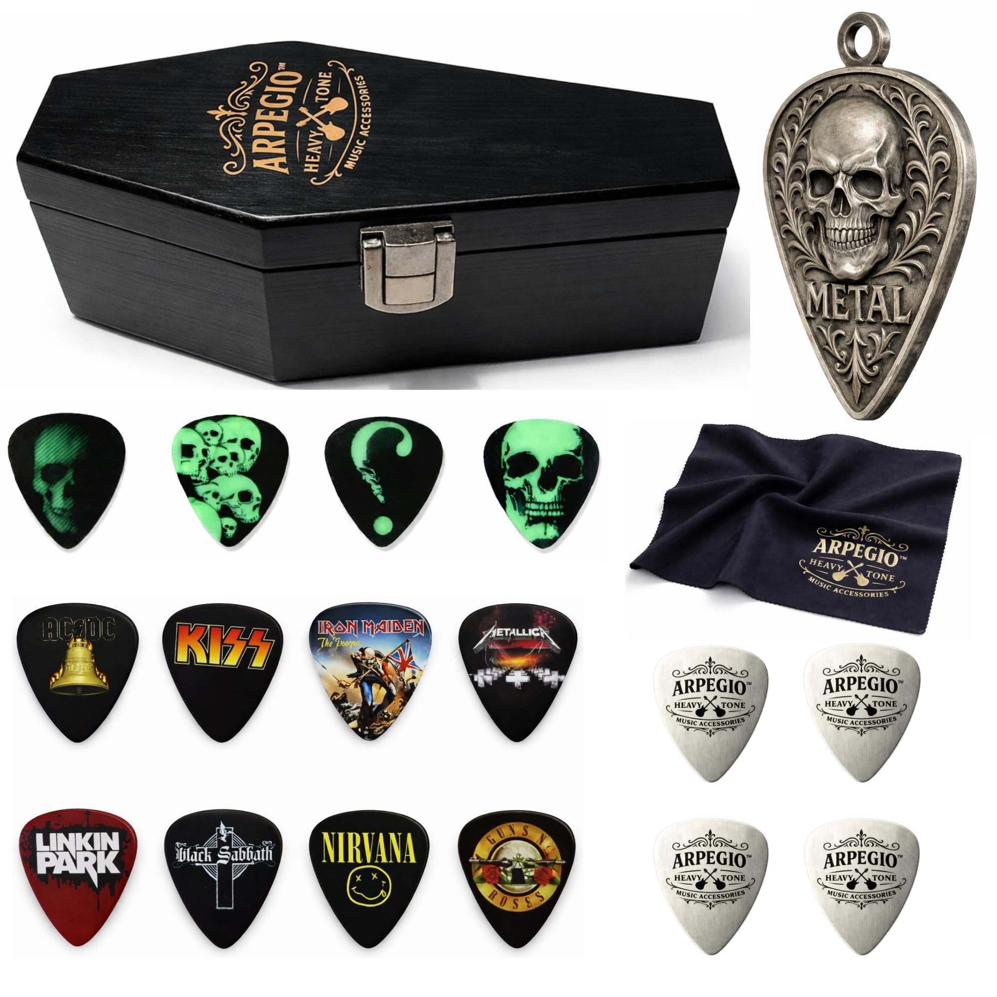 Juego de púas de guitarra con caja de madera natural. Incluye legendarias púas de bandas, púas de metal, colgante de coleccionista de metal y paños de microfibra. Accesorios perfectos para guitarra