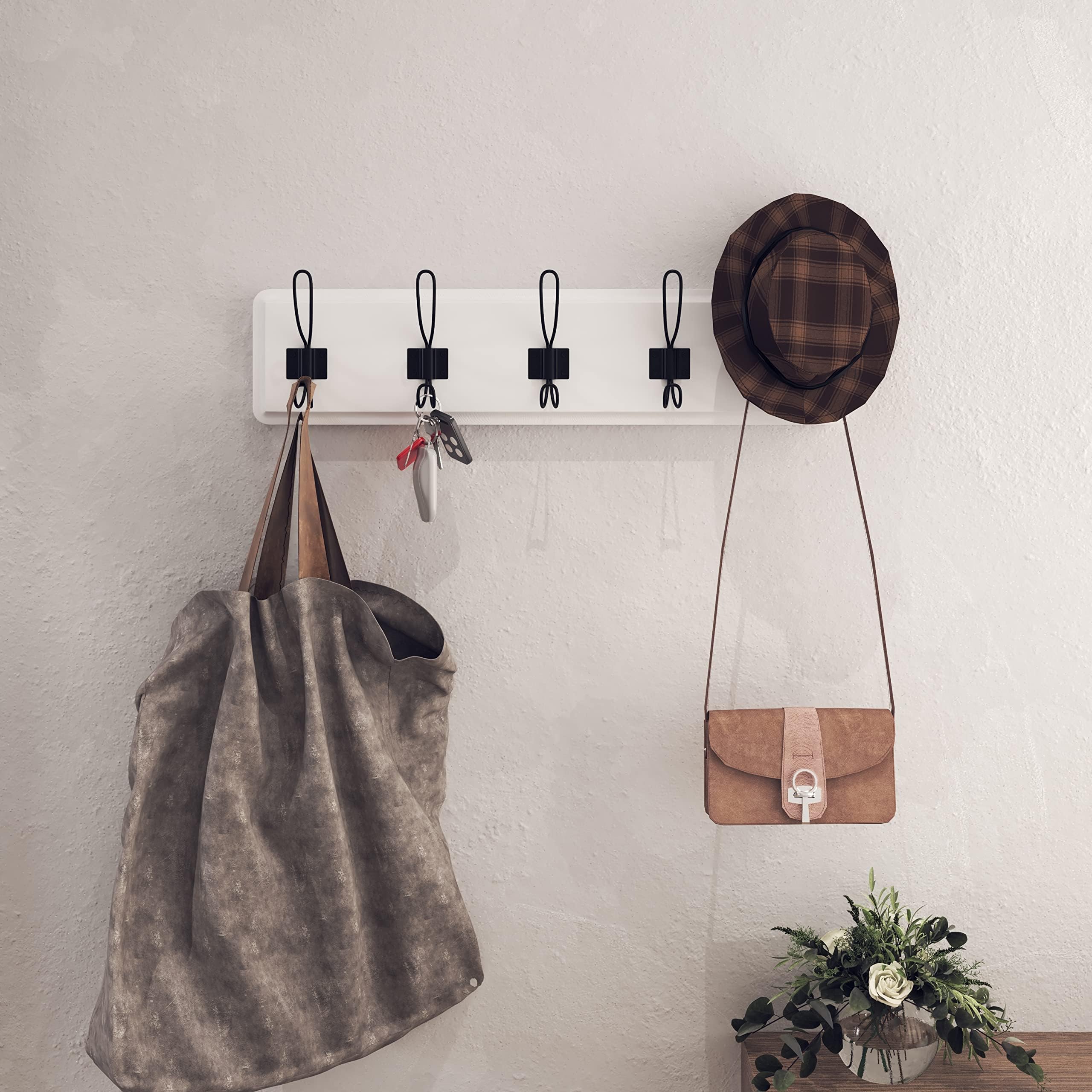 White Solid Wood Wall Mounted Coat Rack with Shelf, 5 Hooks, 24" Long - Kitchen, Mudroom, Entryway, Bathroom - Includes Mounting Hardware, Coat Hanger, Dog Leash Hooks, Towel Rack