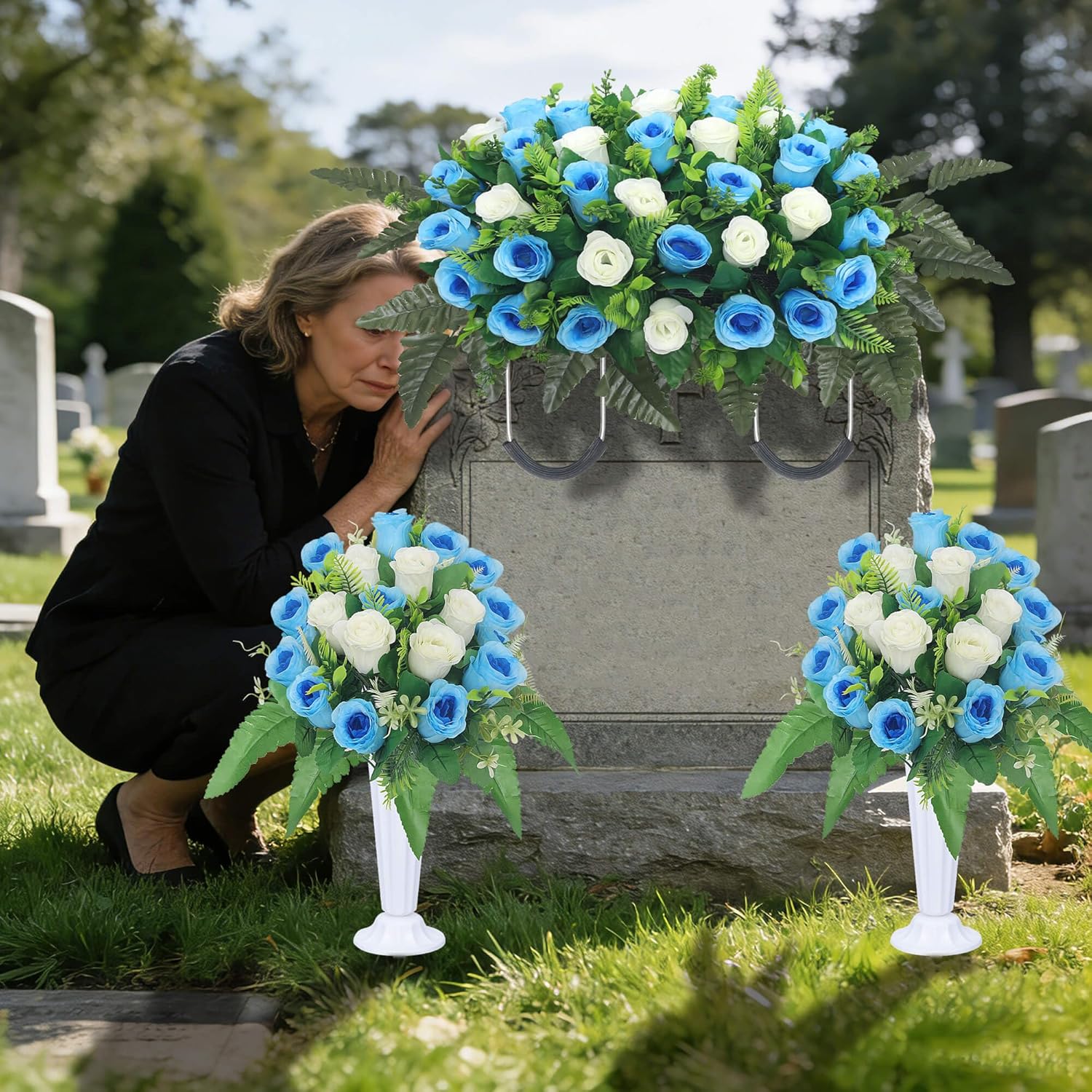 3 Pcs Artificial Cemetery Flower Saddles Cemetery Flowers for Grave Memorial Grave Flowers with Vases for Cemetery Decoration