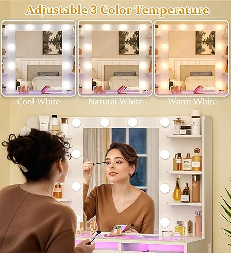 Miniatura 5 de Vanity Desk with Mirror and Lights, Makeup Vanity Desk with Lights 3 Colors, Transparent Top Vanity with 2 RGB Drawers, 6 Shelves, Large Tempered