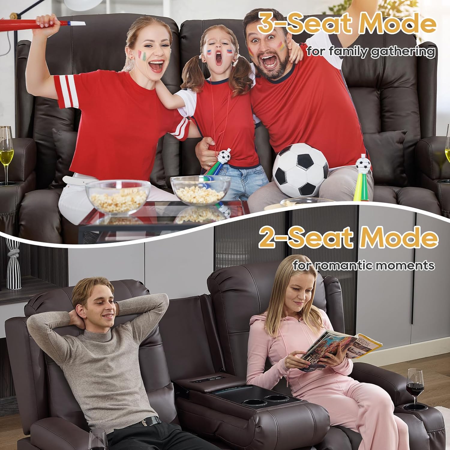 IPKIG Power Recliner Sofa with Flip-Up Backrest Console, USB & USB-C Ports, AC Outlet, LED Lights, Wall Hugger Recliners for Living Room, RV (Chestnut, 67" - 3 Seat) | Breathable Leather, Zero Gravity, Dual Reclining, 2 Lumabr Pillow, Bluetooth Speakers