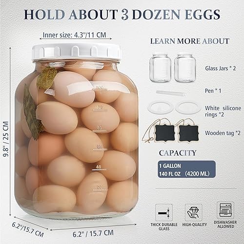 Miniatura 6 de Paquete de 2 tarros de vidrio transparente de boca ancha de 1 galón con tapa, tapa de rosca hermética resistente con junta de silicona - tarro Mason