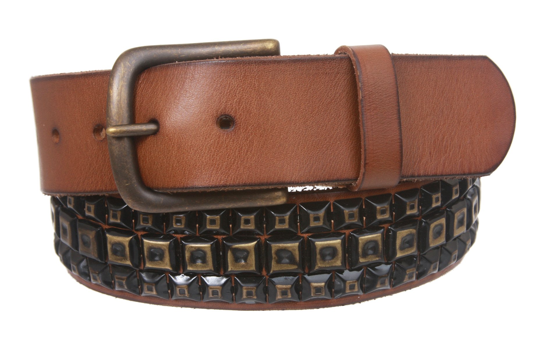 Snap On Three Row Punk Rock Star Metal Distressed Brass Studded Vintage Full Grain Leather Belt, Tan | 42
