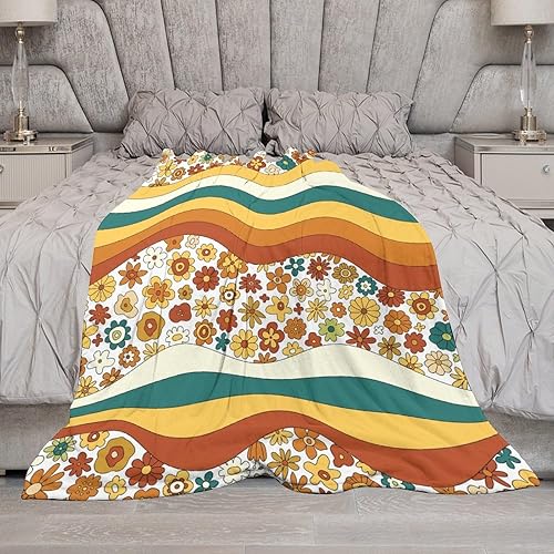 Miniatura 7 de Manta floral retro de los años 70, estilo bohemio, ondulado, geométrico, hippie, lindas flores, amarillo y naranja, manta con estampado abstracto