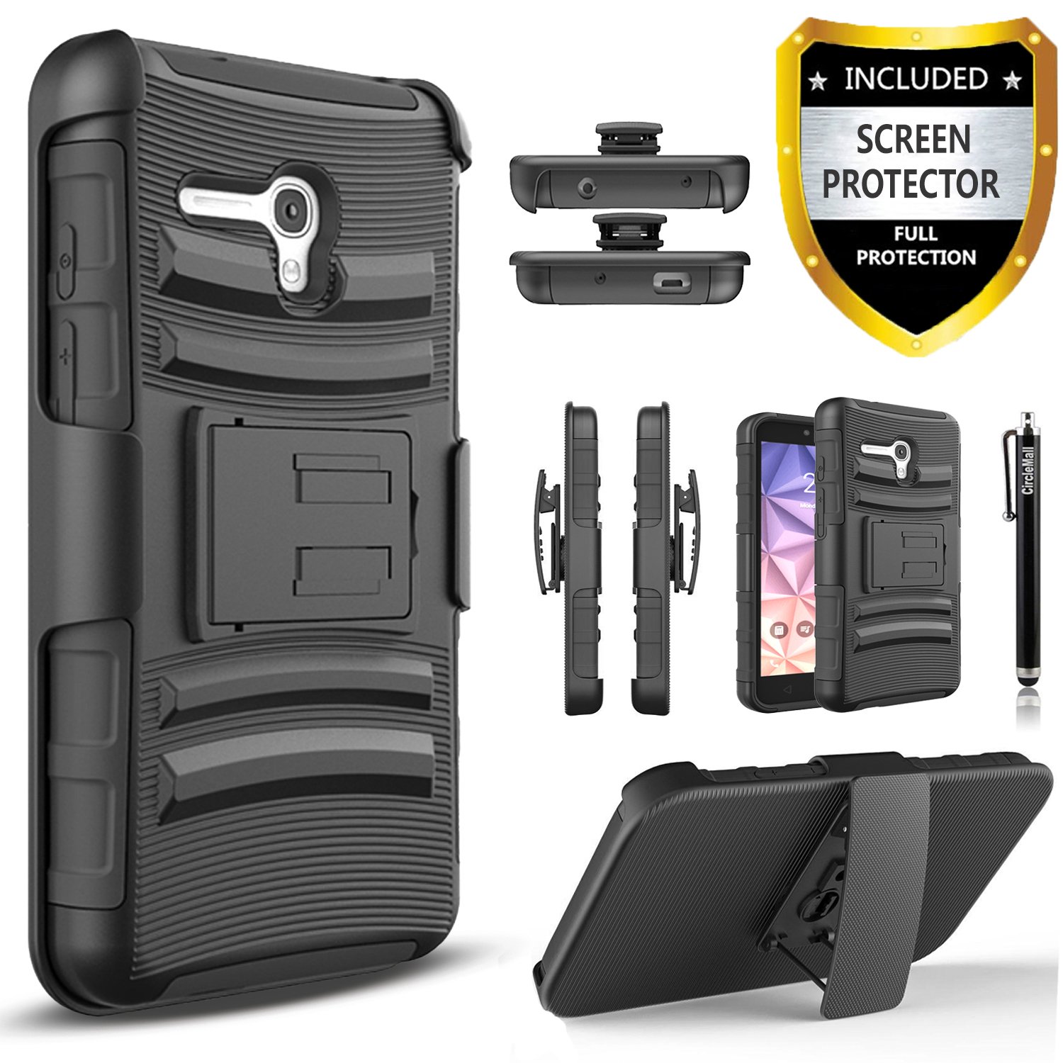 Alcatel OneTouch Fierce XL Case, Alcatel Flint Case, Alcatel Pixi Glory 4G LTE Case, Circlemalls [Combo Holster] with Built-in Kickstand Locking Belt Clip + Stylus Pen +[ HD Screen Protector] Black