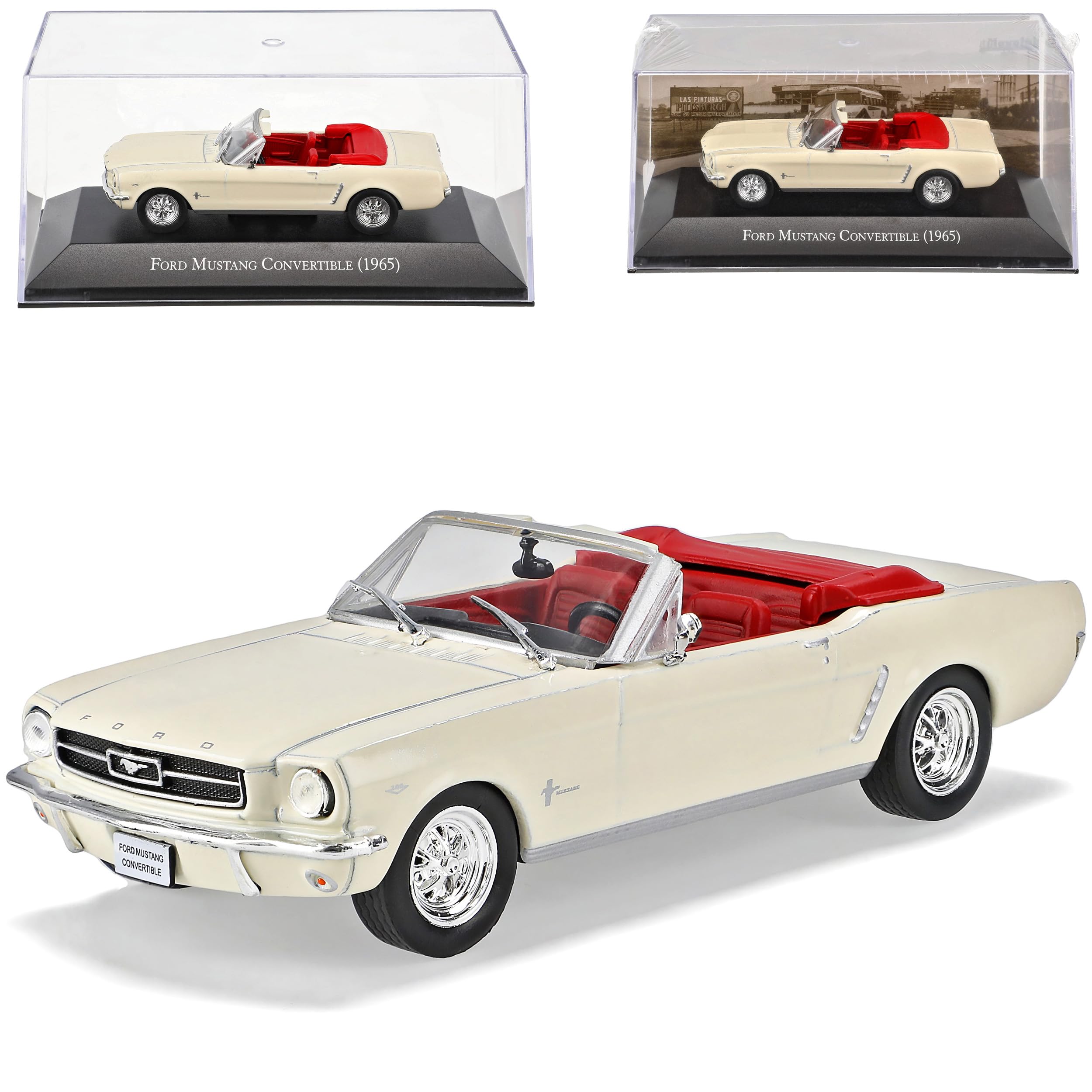 Ixo Defekte Vitrine Ford Mustang I Cabrio Cream Beige 1964-1966 mit Sockel und Vitrine 1/43 Modell Auto