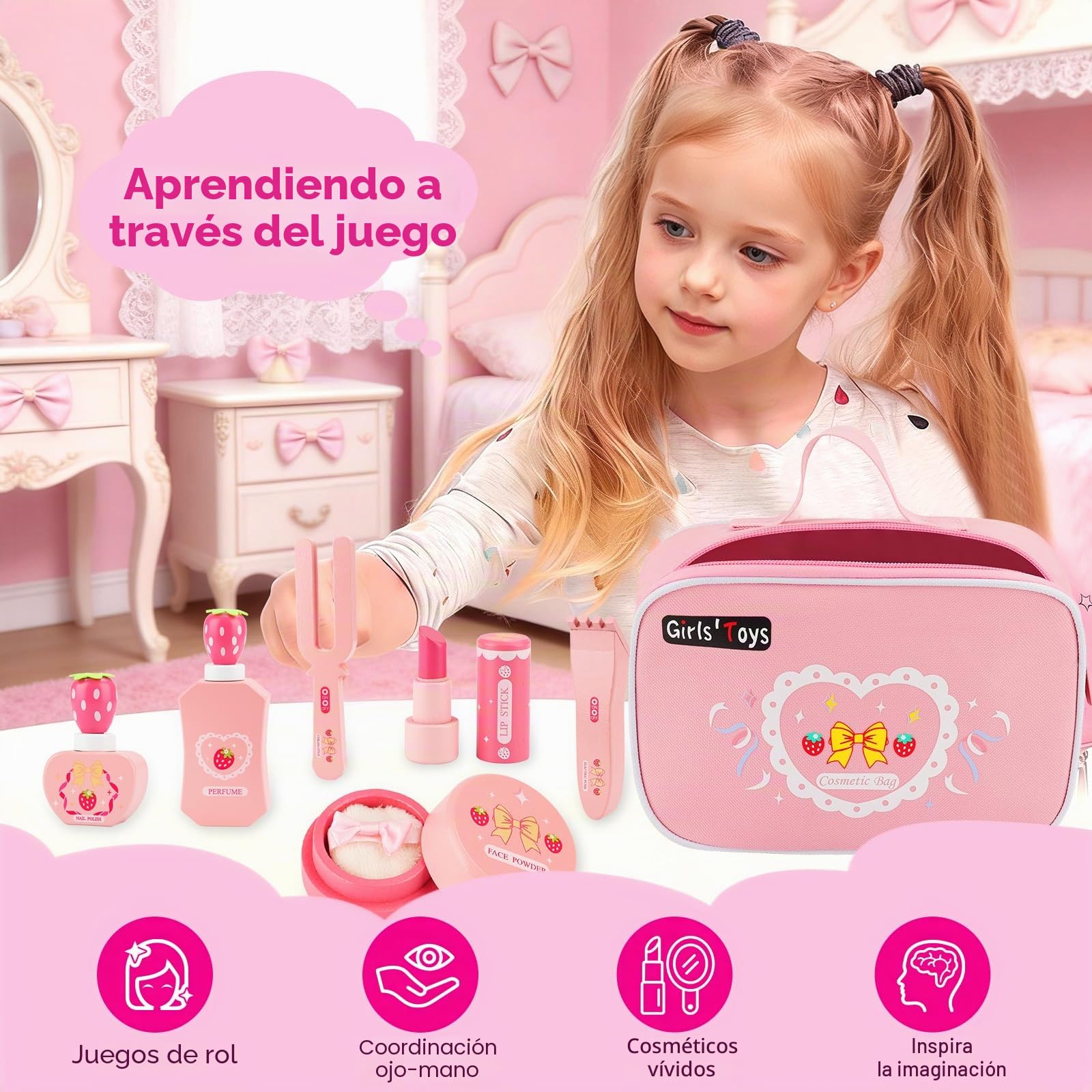 Set Maquillaje de Madera Niña,Juguetes de Belleza de Madera,Juguete de Maderas Juego de rol,Kit de Maquillaje Feating con Bolsa Comestic Accesorios Regalo Cumpleaños para Niños 3 4 5 6 Años